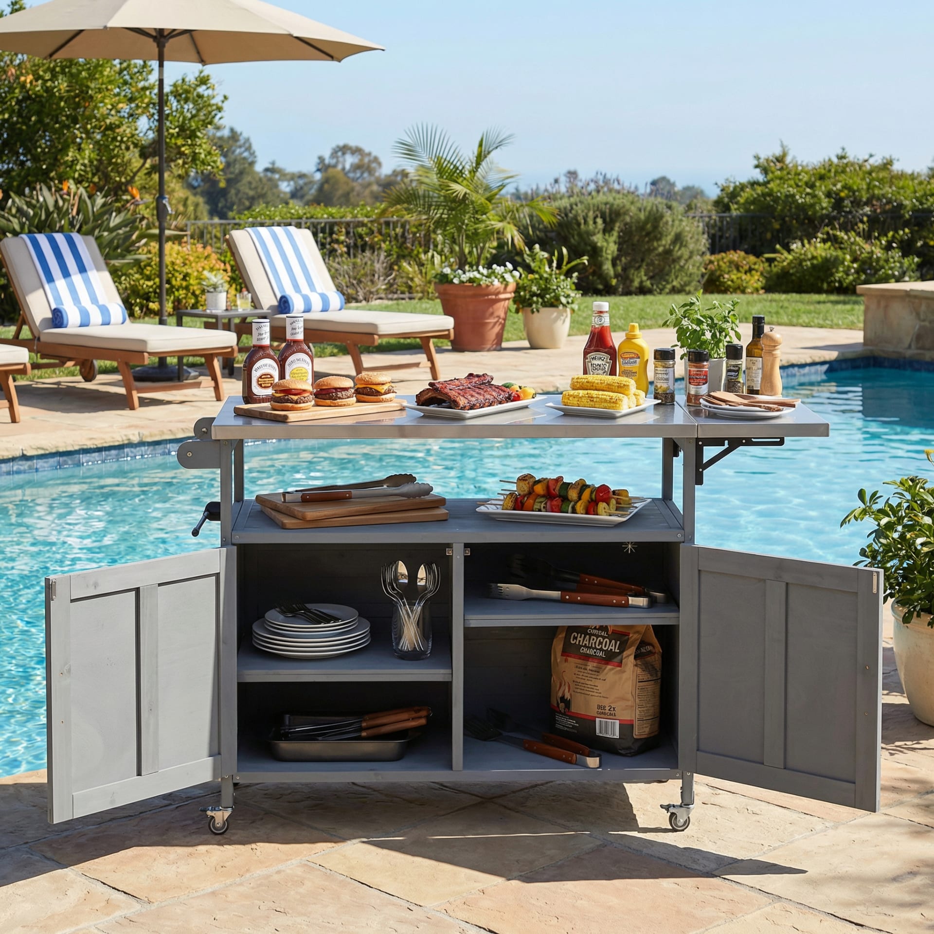Foldable Outdoor Kitchen Island Patio Mobile Kitchen Cart Portable Outdoor Cooking Island With Lockable Wheels, Storage Cabinet And Towel Rack For Patio And Outdoor, Grey view 4