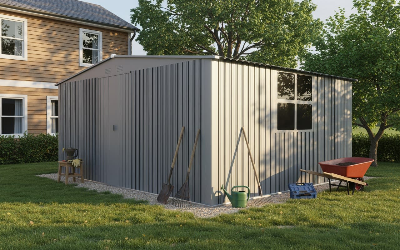 New Outdoor Storage Shed Has Two Functions Metal Shed And Firewood Shed 13 Ftx11 Ft , More Suitable For Winter , Grey view 4
