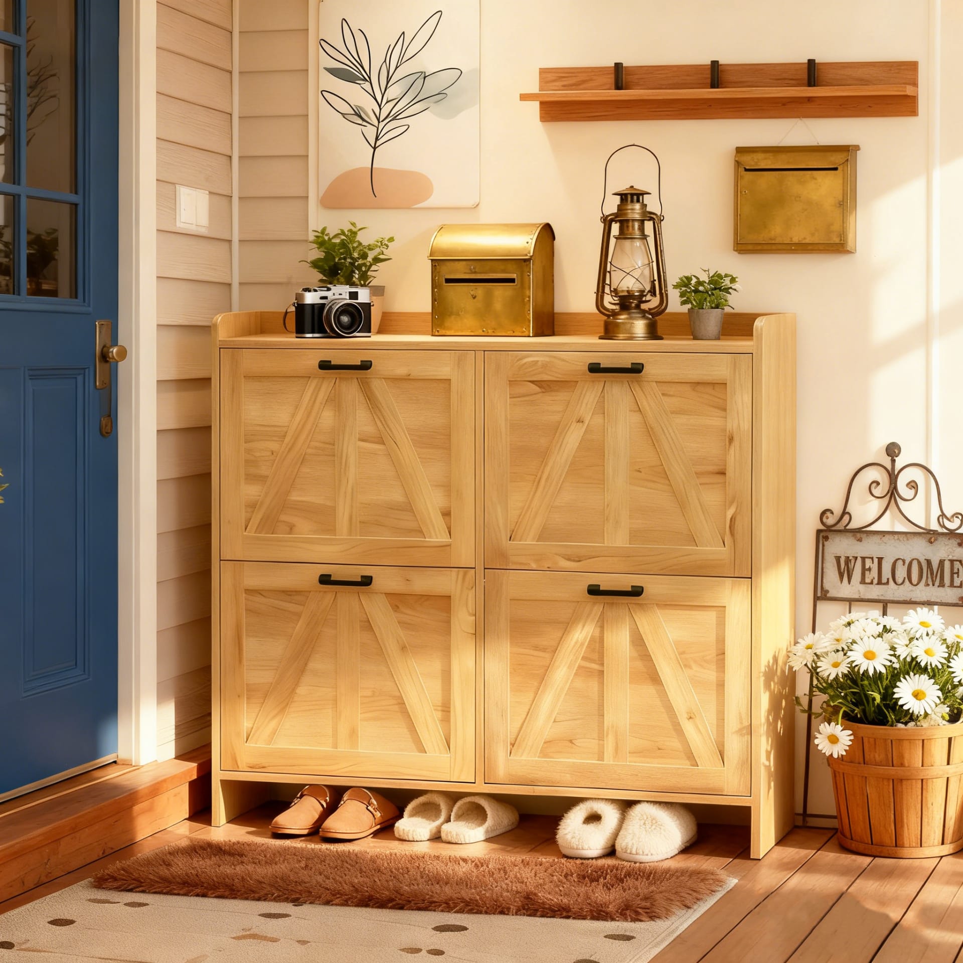 Light Oak Rustic Barn-Door Shoe Cabinet With 4 Flip Drawers, Sleek Space-Saving Entryway Organizer For Living Room view 4
