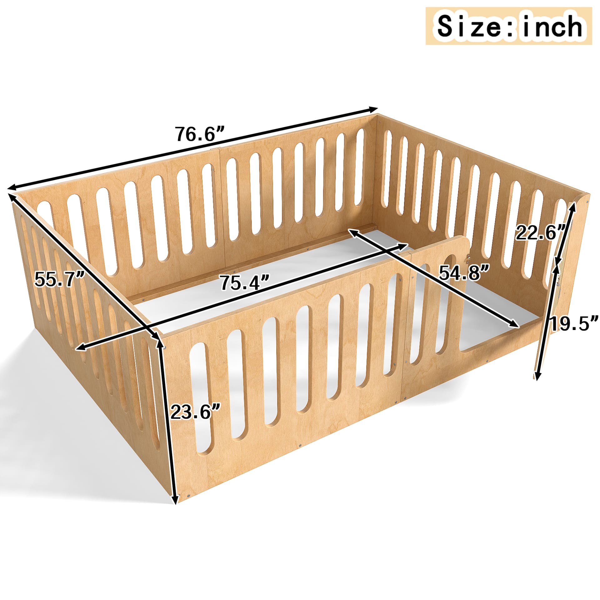 Full Size Floor Bed With High Fence For Kids, Solid Wood Kids Montessori Bed With Door, Low-profile And No Box Spring Needed Design, Natural.Patent Protection view 3