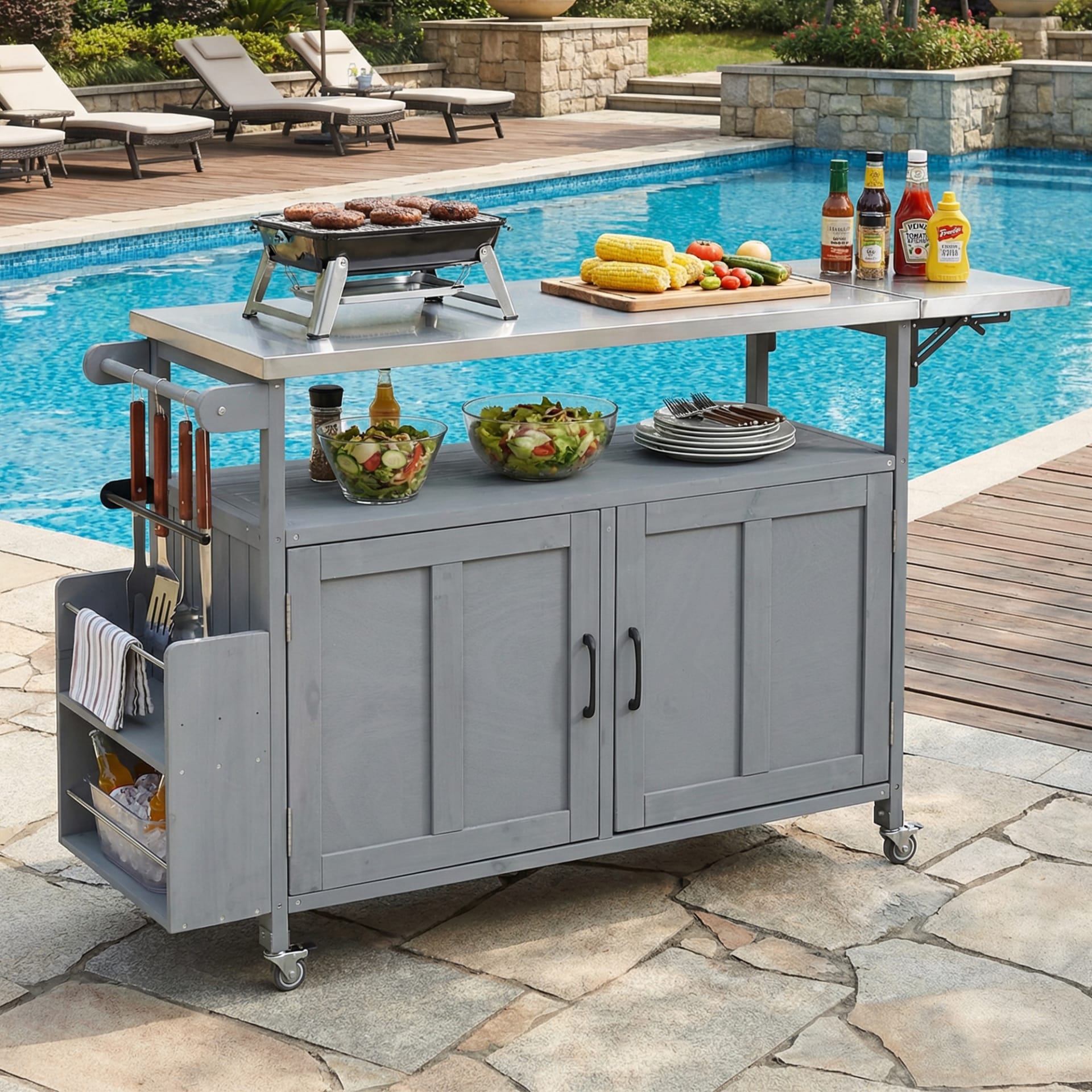 Foldable Outdoor Kitchen Island Patio Mobile Kitchen Cart Portable Outdoor Cooking Island With Lockable Wheels, Storage Cabinet And Towel Rack For Patio And Outdoor, Grey view 2