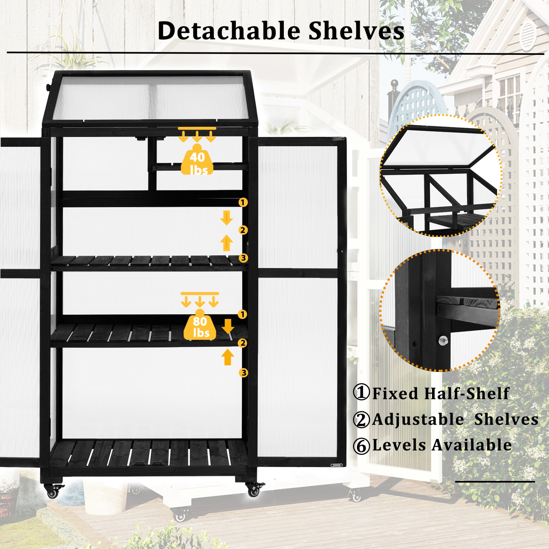 TOPMAX 62inch Height Wood Large Greenhouse Balcony Portable Cold Frame With Wheels And Adjustable Shelves For Outdoor Indoor Use, Black view 2