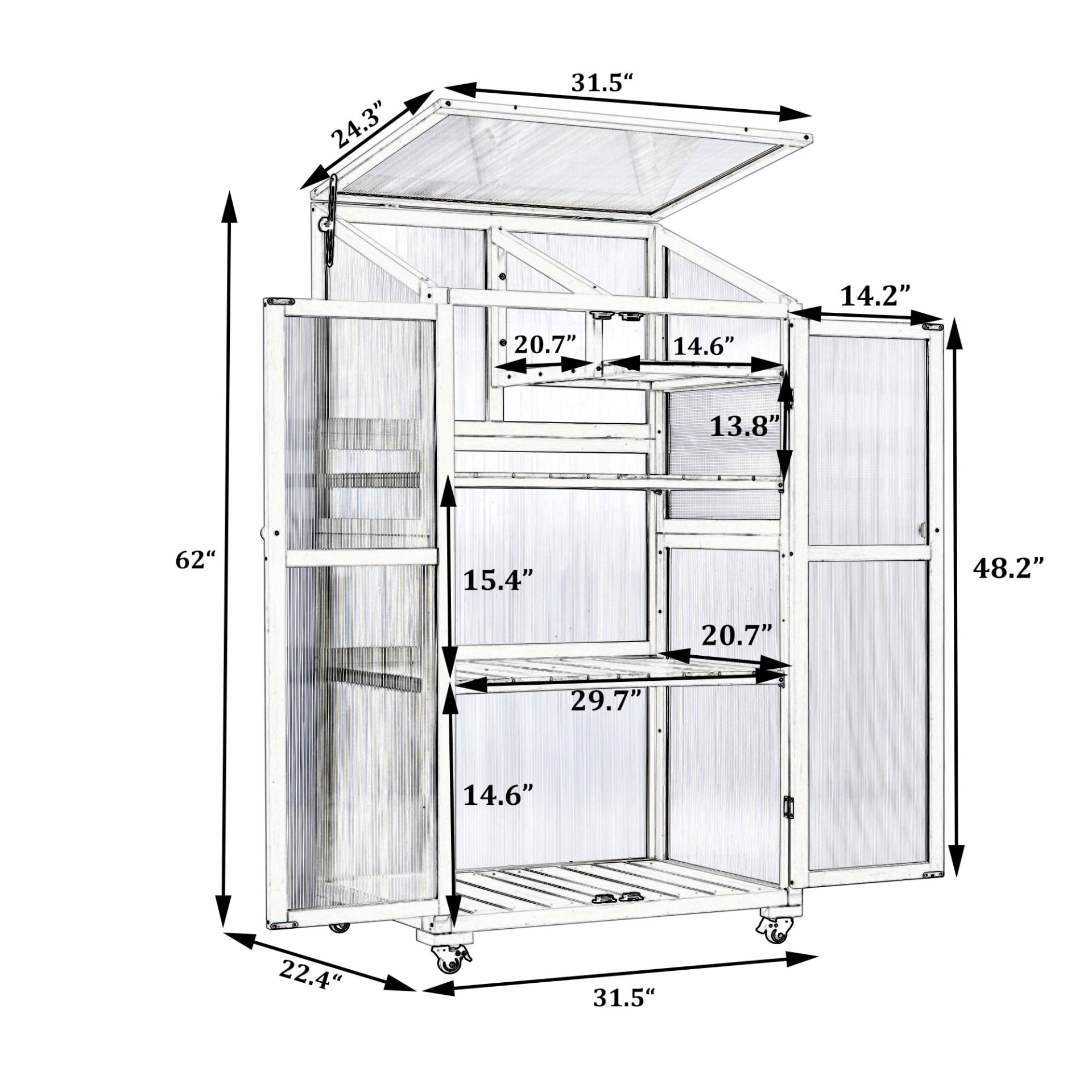 TOPMAX 62inch Height Wood Large Greenhouse Balcony Portable Cold Frame With Wheels And Adjustable Shelves For Outdoor Indoor Use, Black