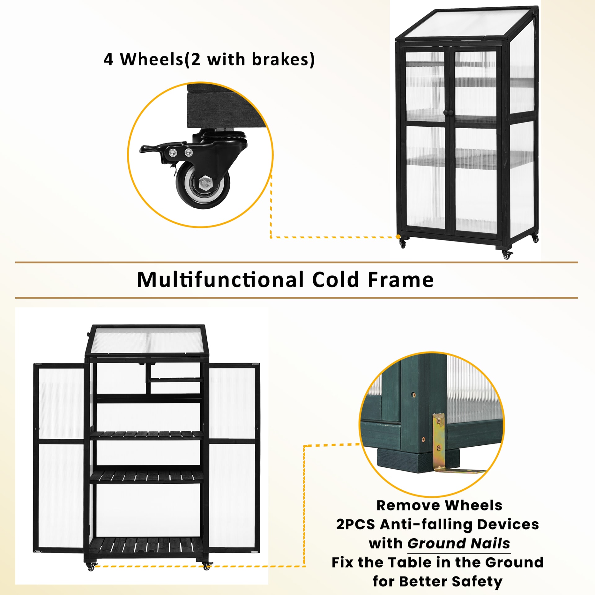 TOPMAX 62inch Height Wood Large Greenhouse Balcony Portable Cold Frame With Wheels And Adjustable Shelves For Outdoor Indoor Use, Black view 3