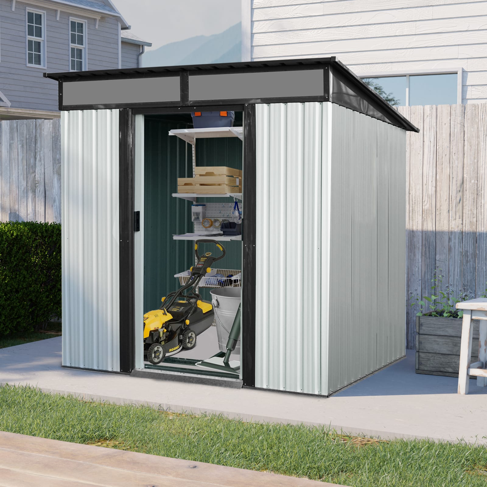 6ft X 5ft Outdoor Metal Storage Shed With Lockable Sliding Doors And Transparent Plate For Garden, Lawn White And Black view 1