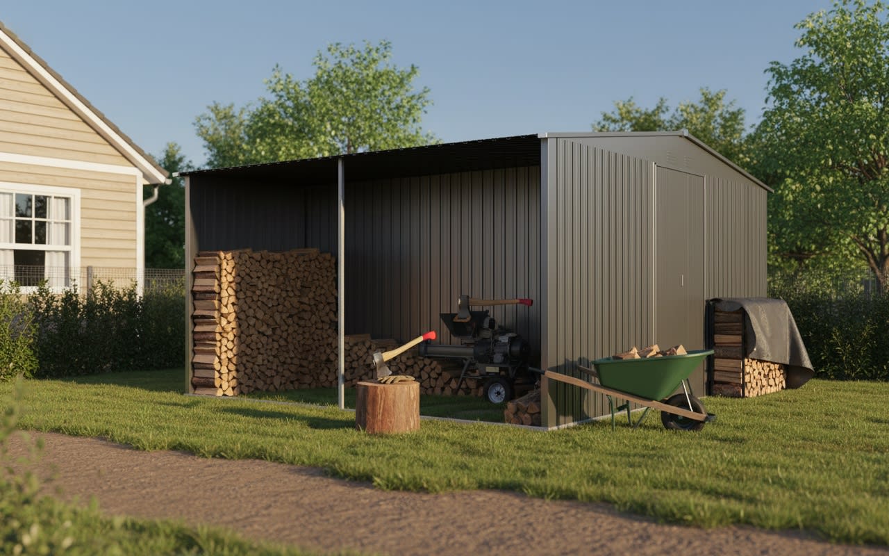 New Outdoor Storage Shed Has Two Functions Metal Shed And Firewood Shed 13 Ftx11 Ft , More Suitable For Winter , Grey view 3