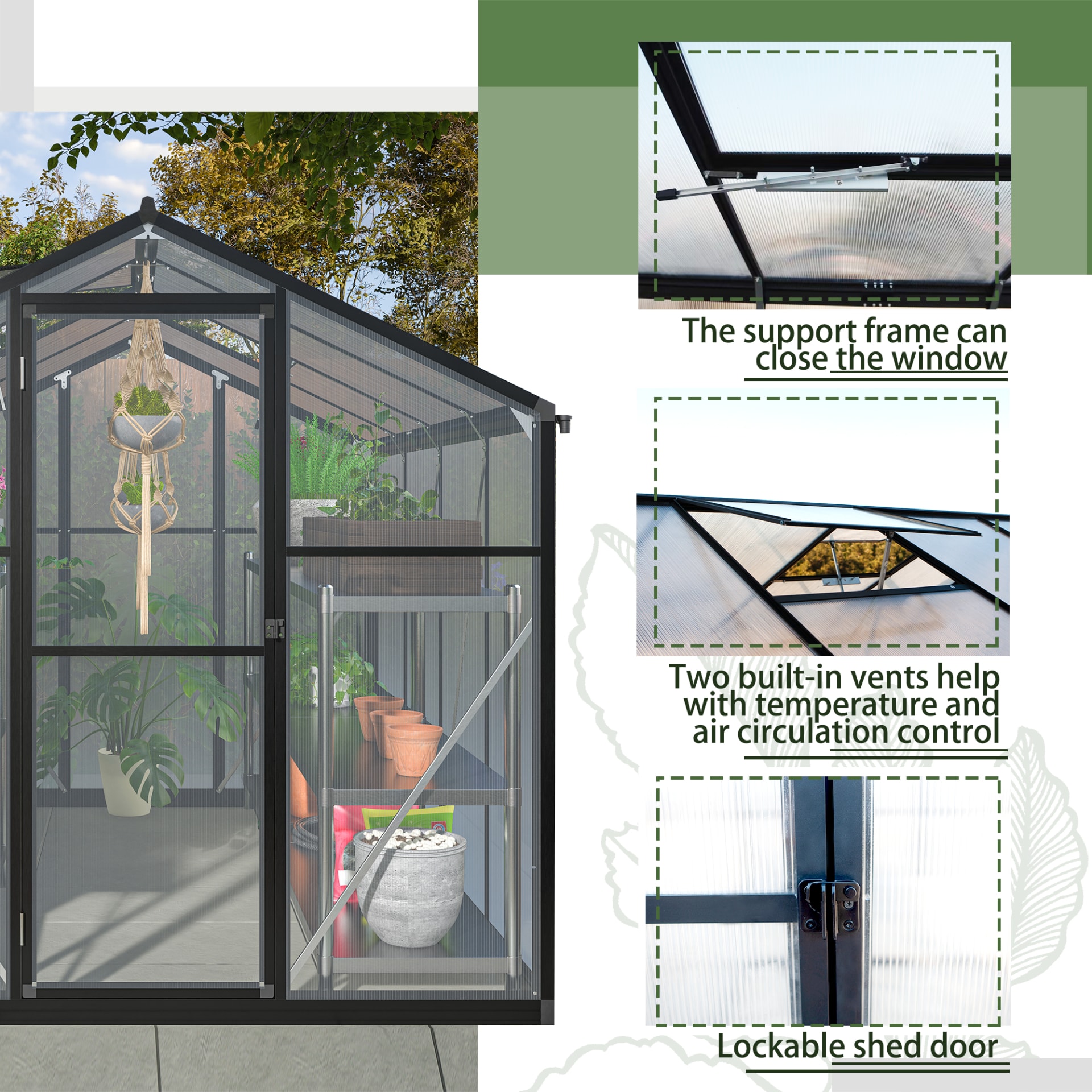 6x8 FT Greenhouse For Outdoors, Polycarbonate Greenhouse With Quick Setup Structure And Roof Vent, Aluminum Large Walk-in Greenhouse For Outside Garden Backyard, Black view 4
