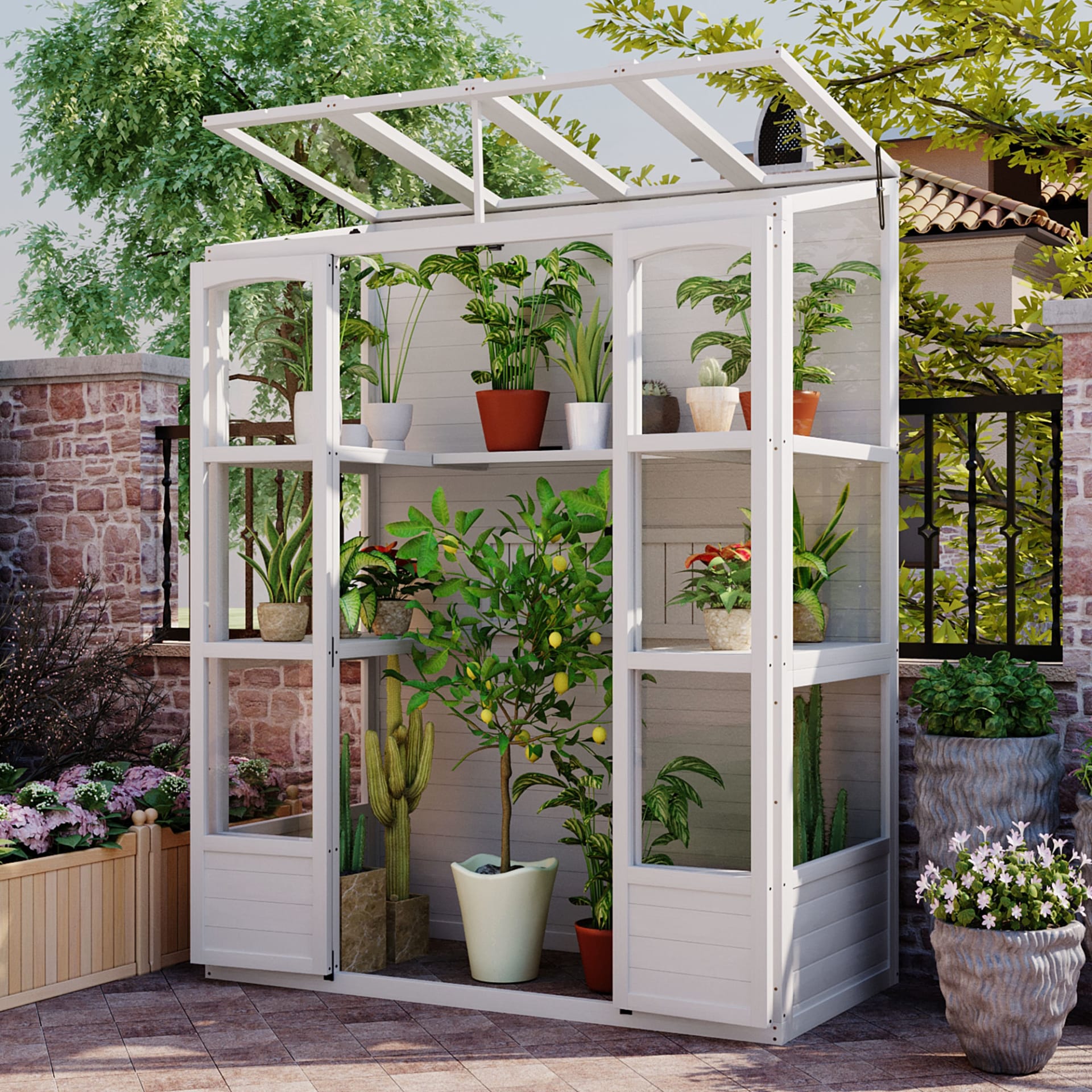 TOPMAX 78-inch Wooden Greenhouse Cold Frame With 4 Independent Skylights And 2 Folding Middle Shelves, Walk-in Outdoor Greenhouse, White view 1