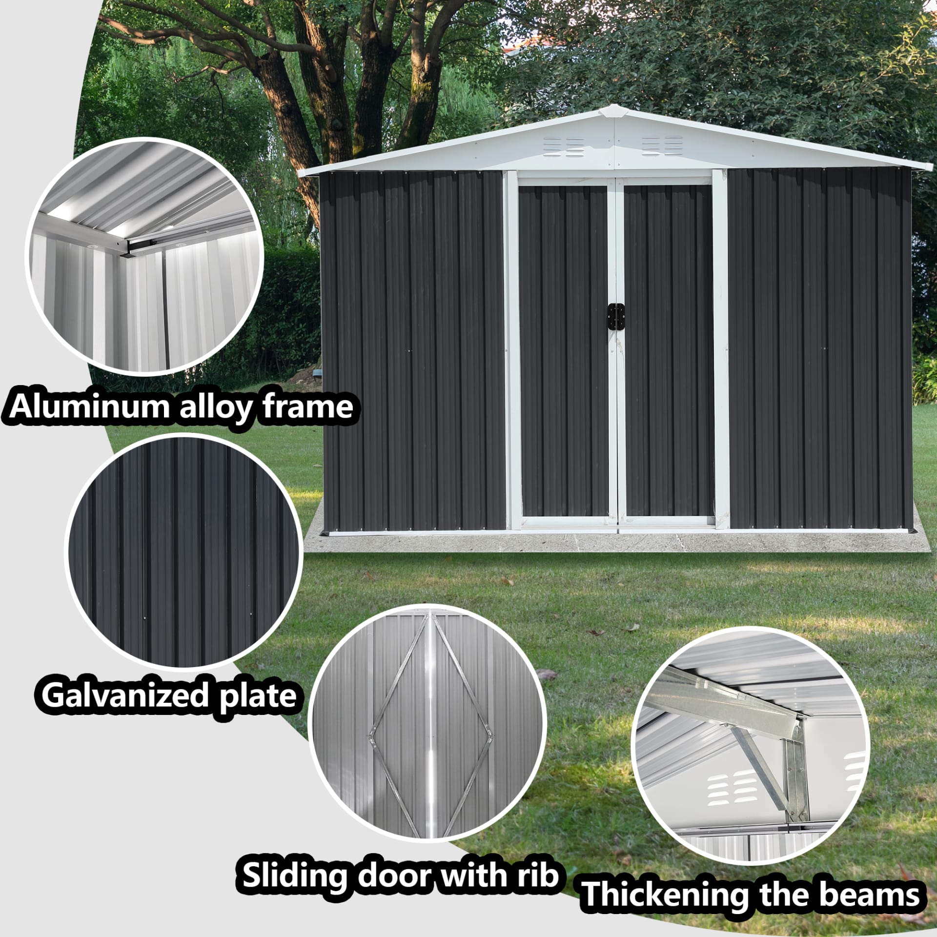 8x6 Feet Roof Dark Grey Aluminum Alloy Frame Garden Shed With Sliding Door