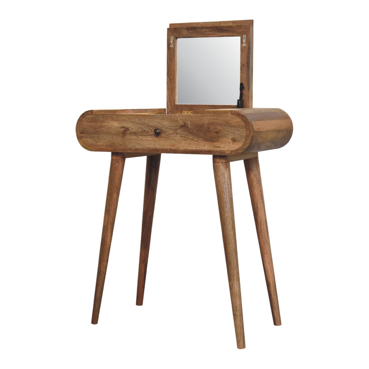 Solid Wood Mini Round Dressing Table, 1 Drawer With Storage Compartments, Nordic Legs, Oak-ish, Brown view 2