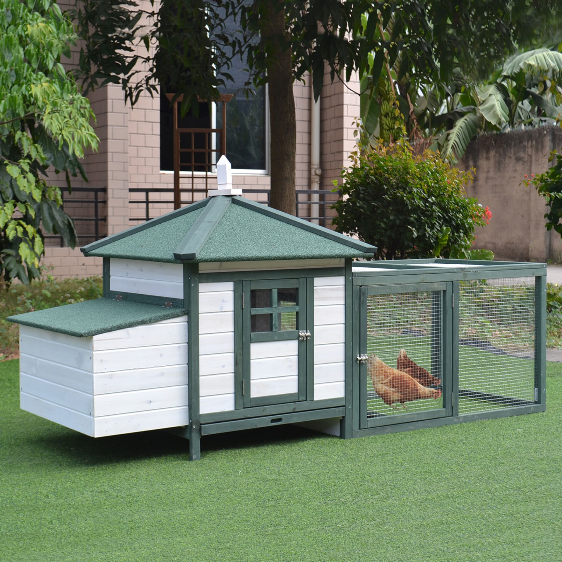 PawHut 77 Wooden Chicken Coop With Nesting Box, Cute Outdoor Hen House With Removable Tray, Ramp Run, For Garden Backyard, Green view 2