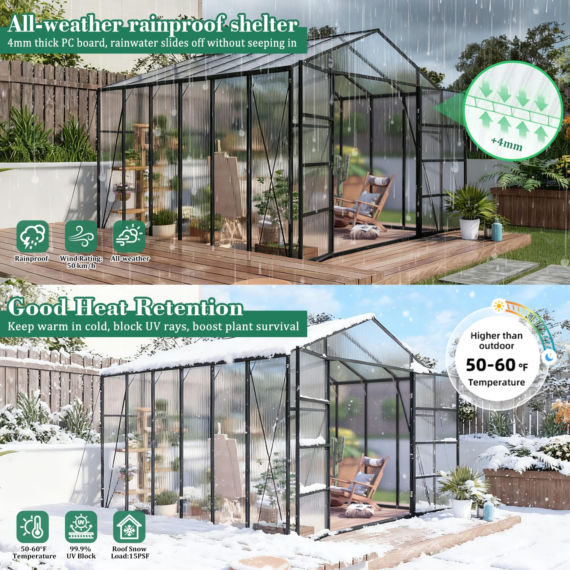 Newly Marketed Gain Height Windproofaluminum Greenhouse 10x12 FT Polycarbonate Greenhouse Raised Base And Anchor Aluminum Heavy Duty Walk-in Greenhouses For Outdoor Backyard In All Season view 4