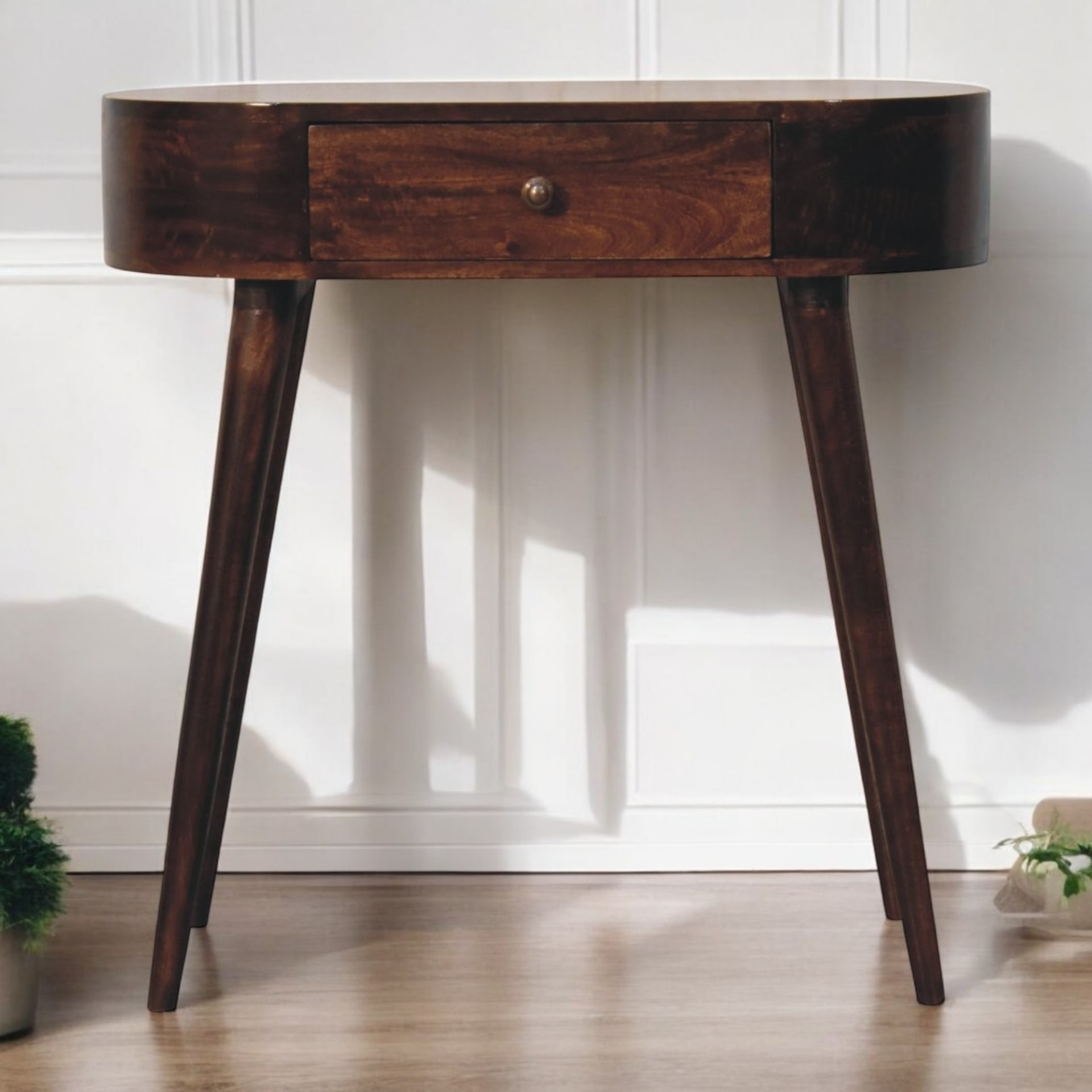 Solid Wood California Walnut Rounded Small Console Table, 1 Drawer, Brown view 3