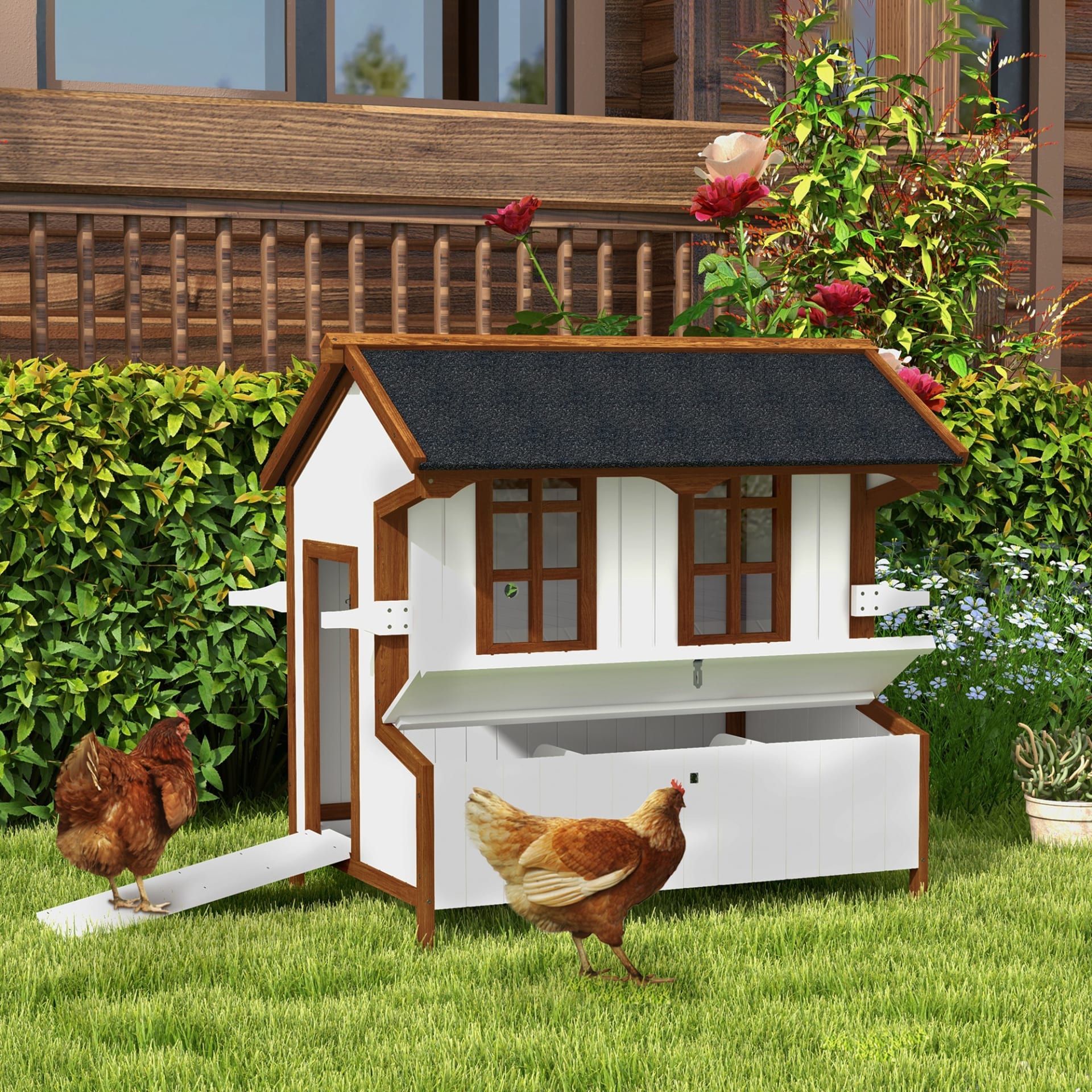 PawHut 47 Chicken Coop Wooden Chicken House Rabbit Hutch Raised Poultry Cage Portable Hen Pen Backyard With Nesting Box And Handles view 1