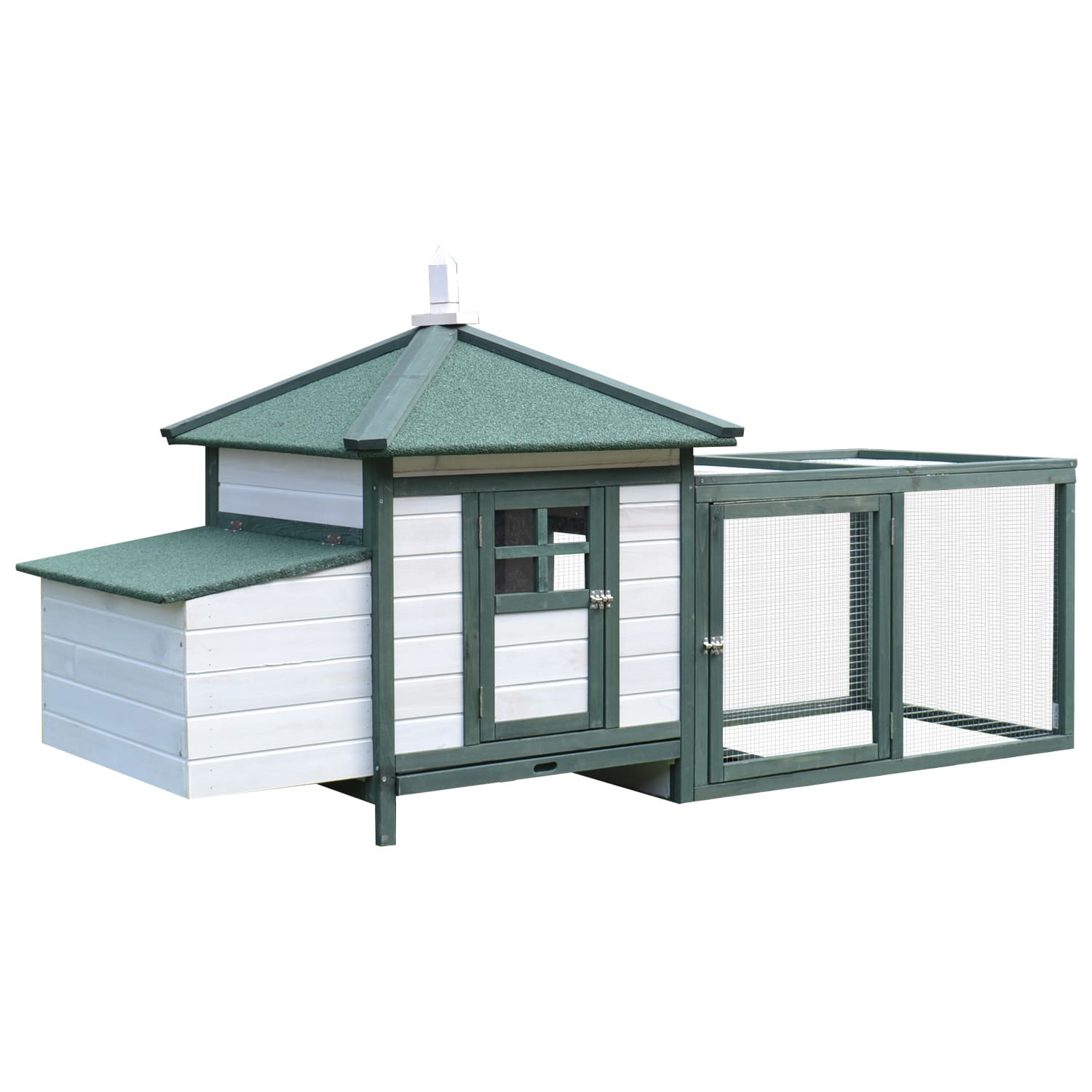 PawHut 77 Wooden Chicken Coop With Nesting Box, Cute Outdoor Hen House With Removable Tray, Ramp Run, For Garden Backyard, Green view 3
