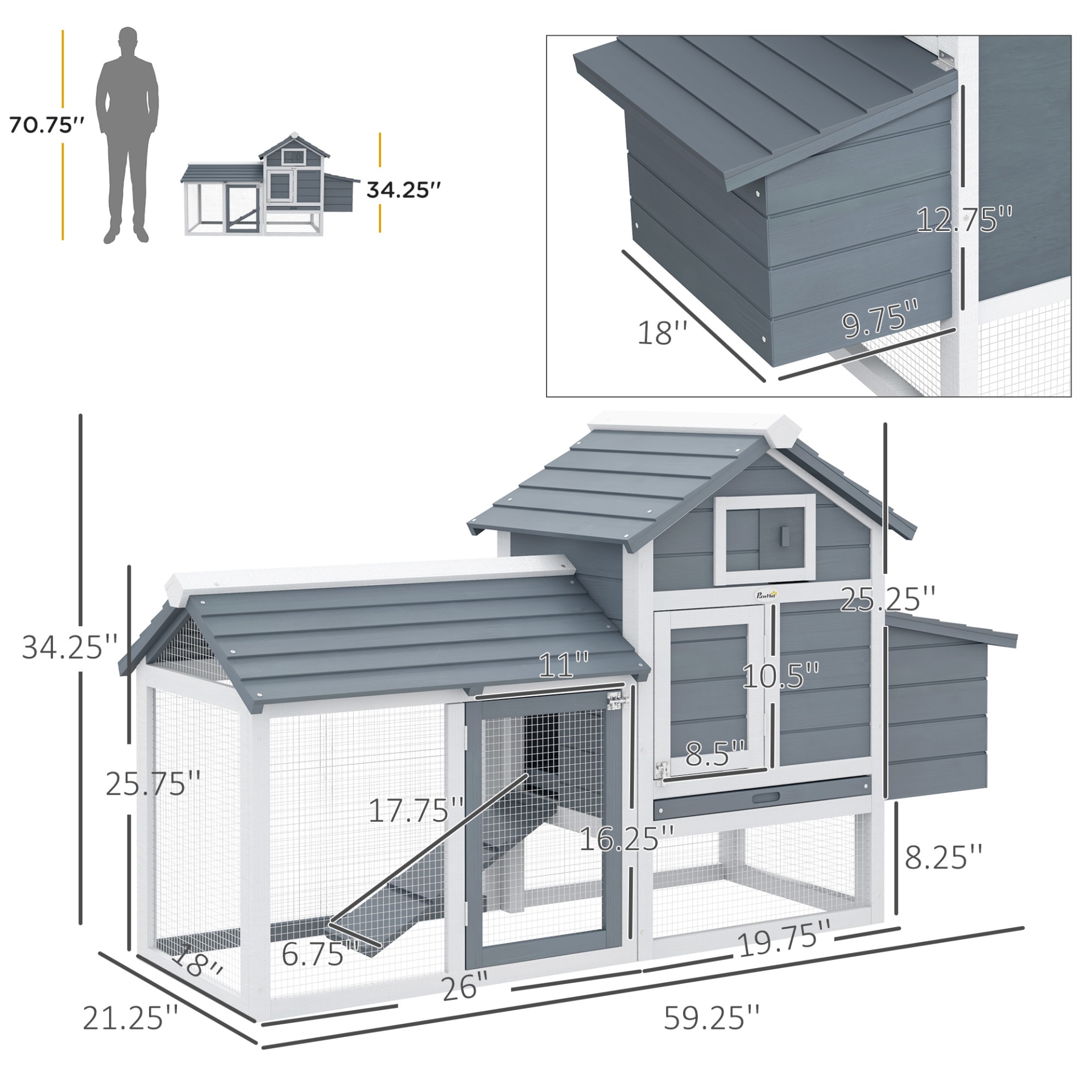 PawHut 59 Small Wooden Chicken Coop Hen House Poultry Cage For Outdoor Backyard With 2 Doors, Nesting Box And Removable Tray, White view 3