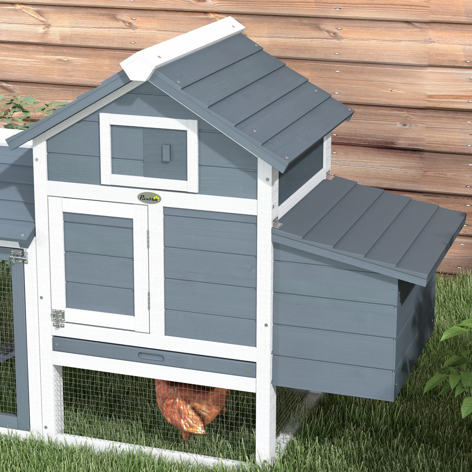 PawHut 59 Small Wooden Chicken Coop Hen House Poultry Cage For Outdoor Backyard With 2 Doors, Nesting Box And Removable Tray, White view 4