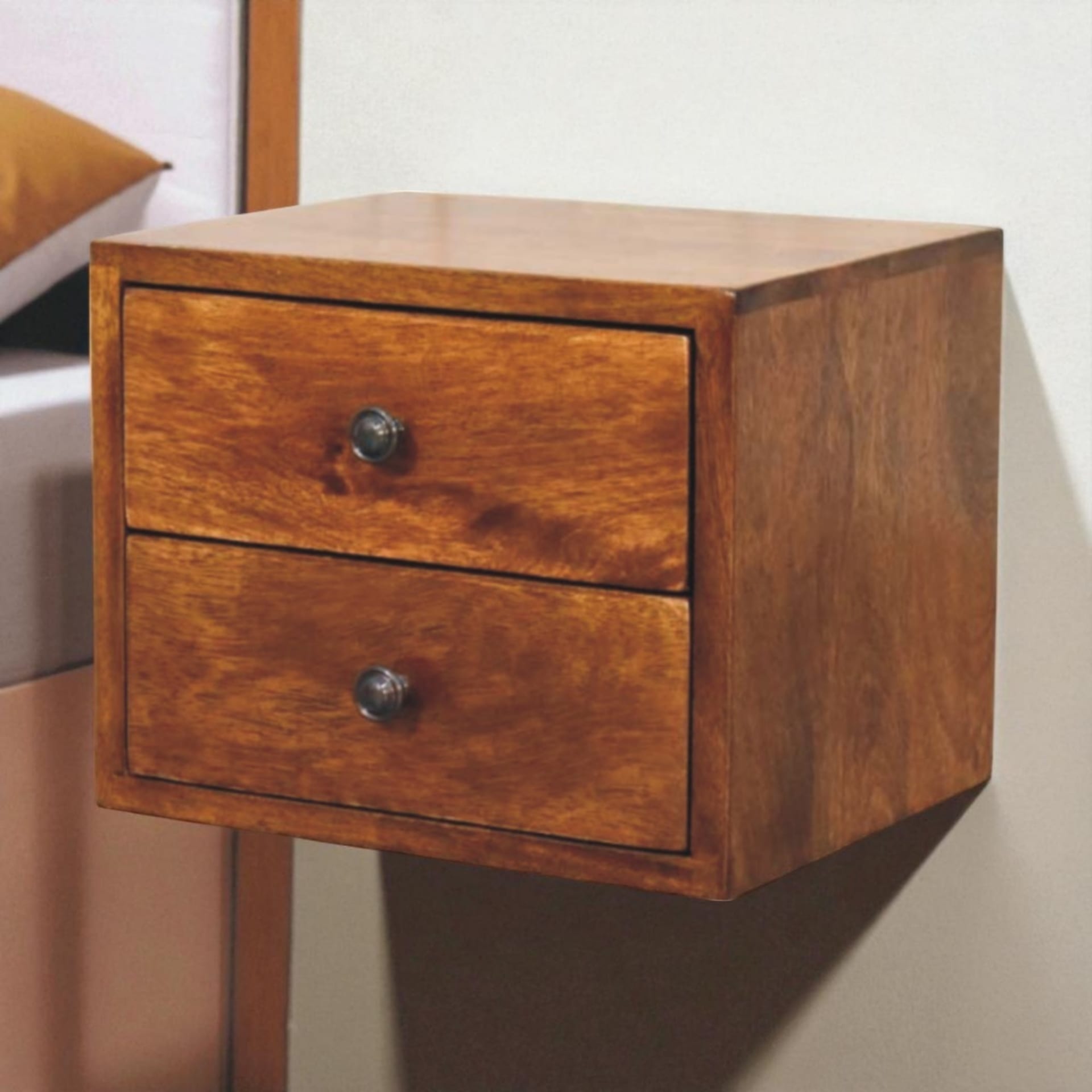 Solid Wood Solis Chestnut Wall Mounted Nightstand, 2 Drawers, Dark Brown view 2