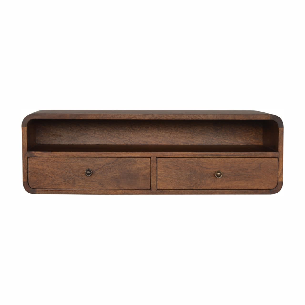 Solid Wood Floating Chestnut Open Console, 2 Drawers, 1 Shelf, Dark Brown view 4