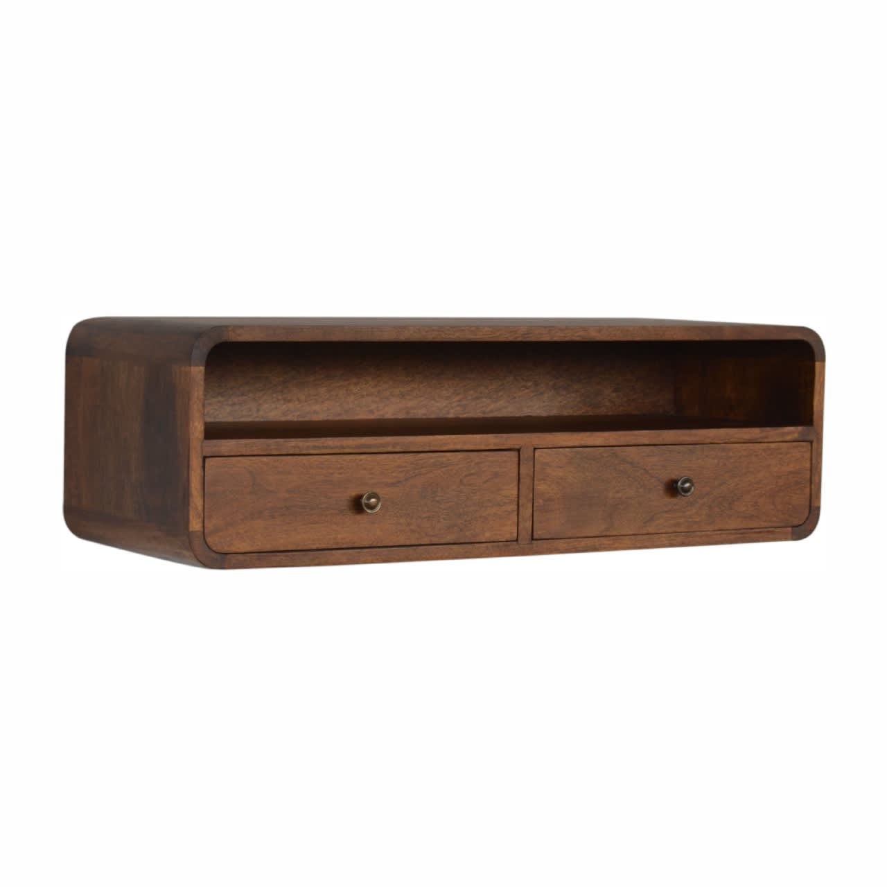 Solid Wood Floating Chestnut Open Console, 2 Drawers, 1 Shelf, Dark Brown view 2