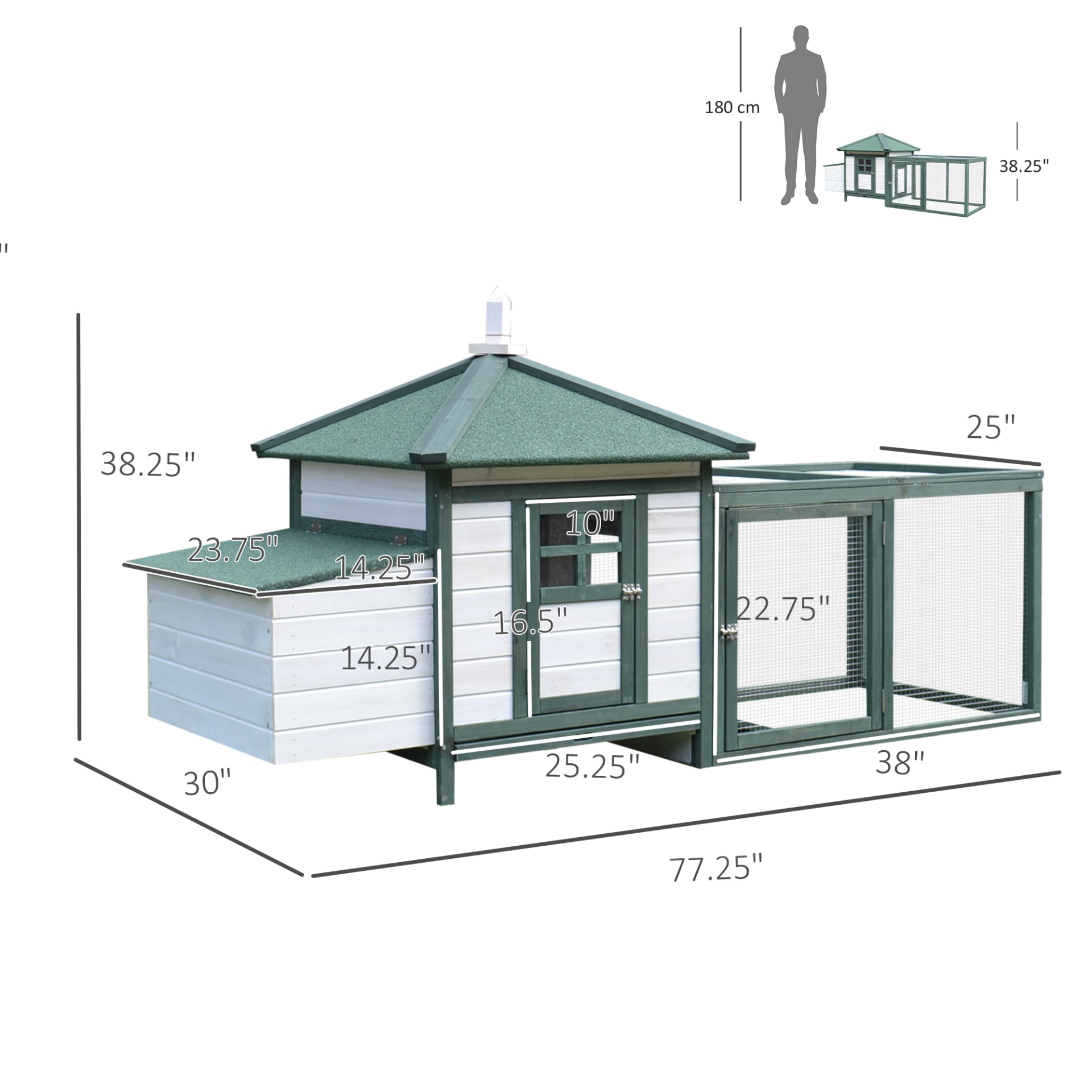 PawHut 77 Wooden Chicken Coop With Nesting Box, Cute Outdoor Hen House With Removable Tray, Ramp Run, For Garden Backyard, Green view 4
