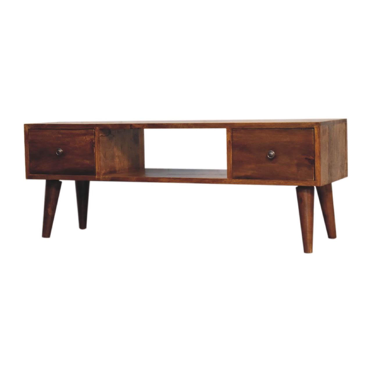 Solid Wood Classic Chestnut Coffee Table, 2 Drawers, 1 Open Slot, Dark Brown view 3