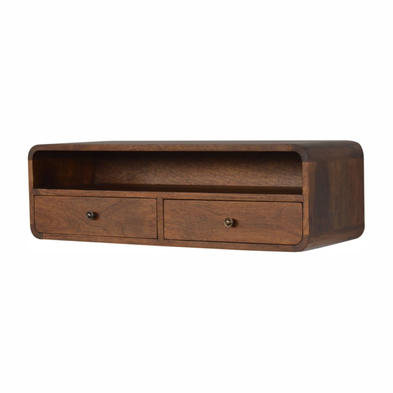 Solid Wood Floating Chestnut Open Console, 2 Drawers, 1 Shelf, Dark Brown view 5