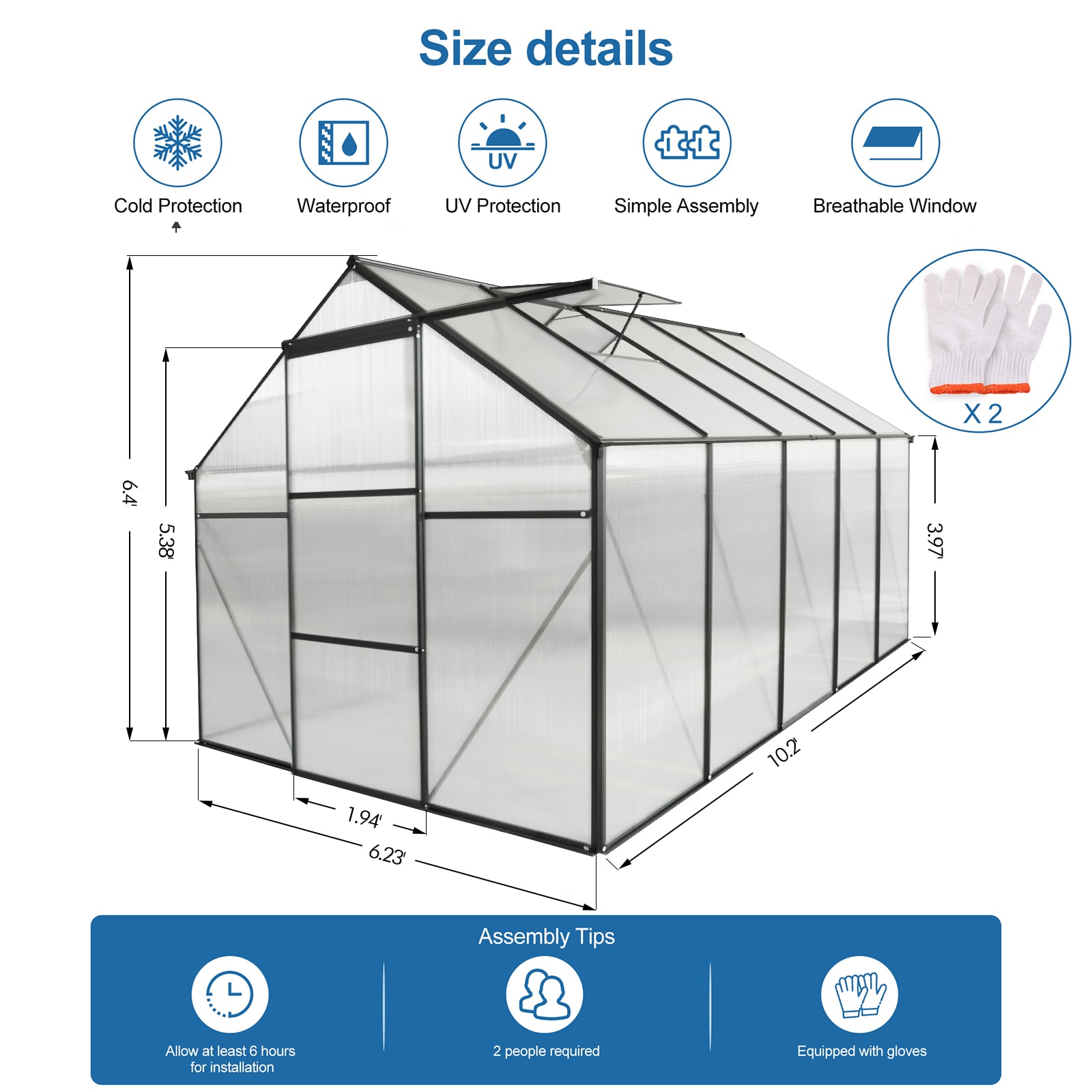 6x10 FT Polycarbonate Greenhouse Raised Base And Anchor Aluminum Heavy Duty Walk-in Greenhouses For Outdoor Backyard In All Season view 4