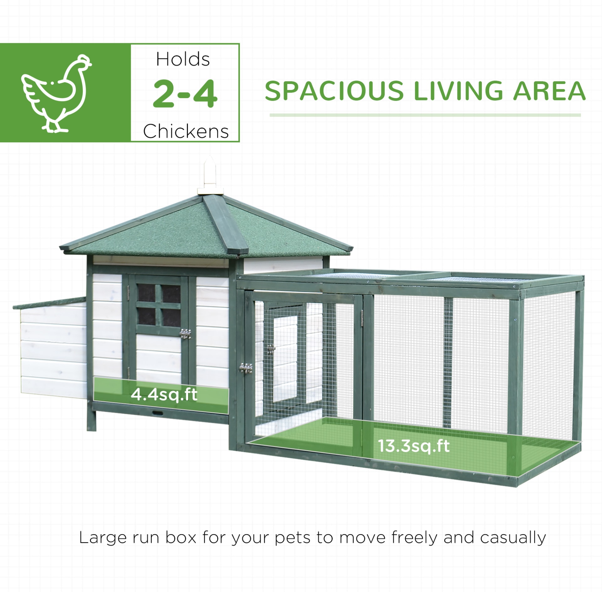 PawHut 77 Wooden Chicken Coop With Nesting Box, Cute Outdoor Hen House With Removable Tray, Ramp Run, For Garden Backyard, Green view 1