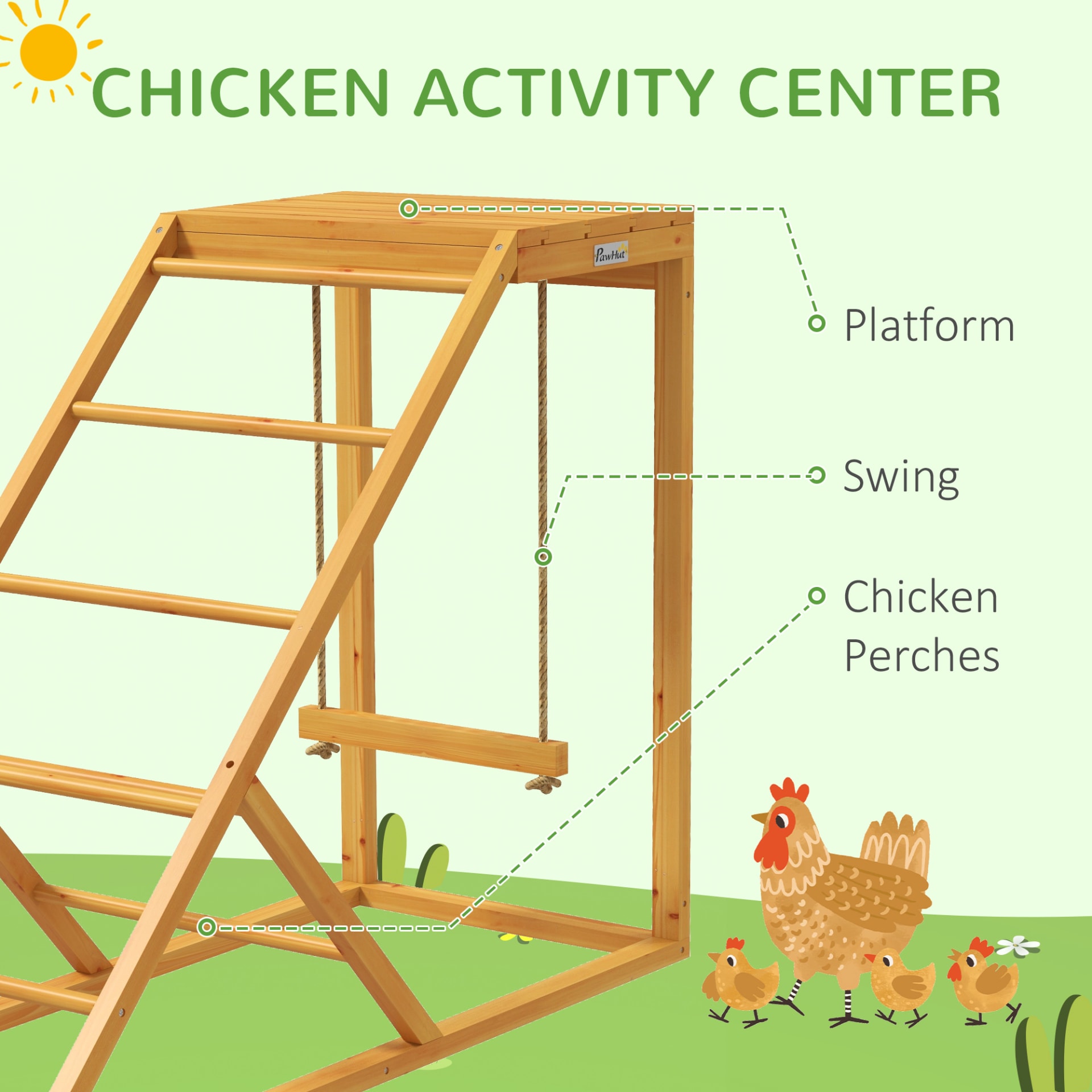 PawHut Chicken Activity Play For Healthy & Happy Animals, Swing Set With Chicken Perches & Hen Ladder, Chicken Coop Toy, Yellow view 1