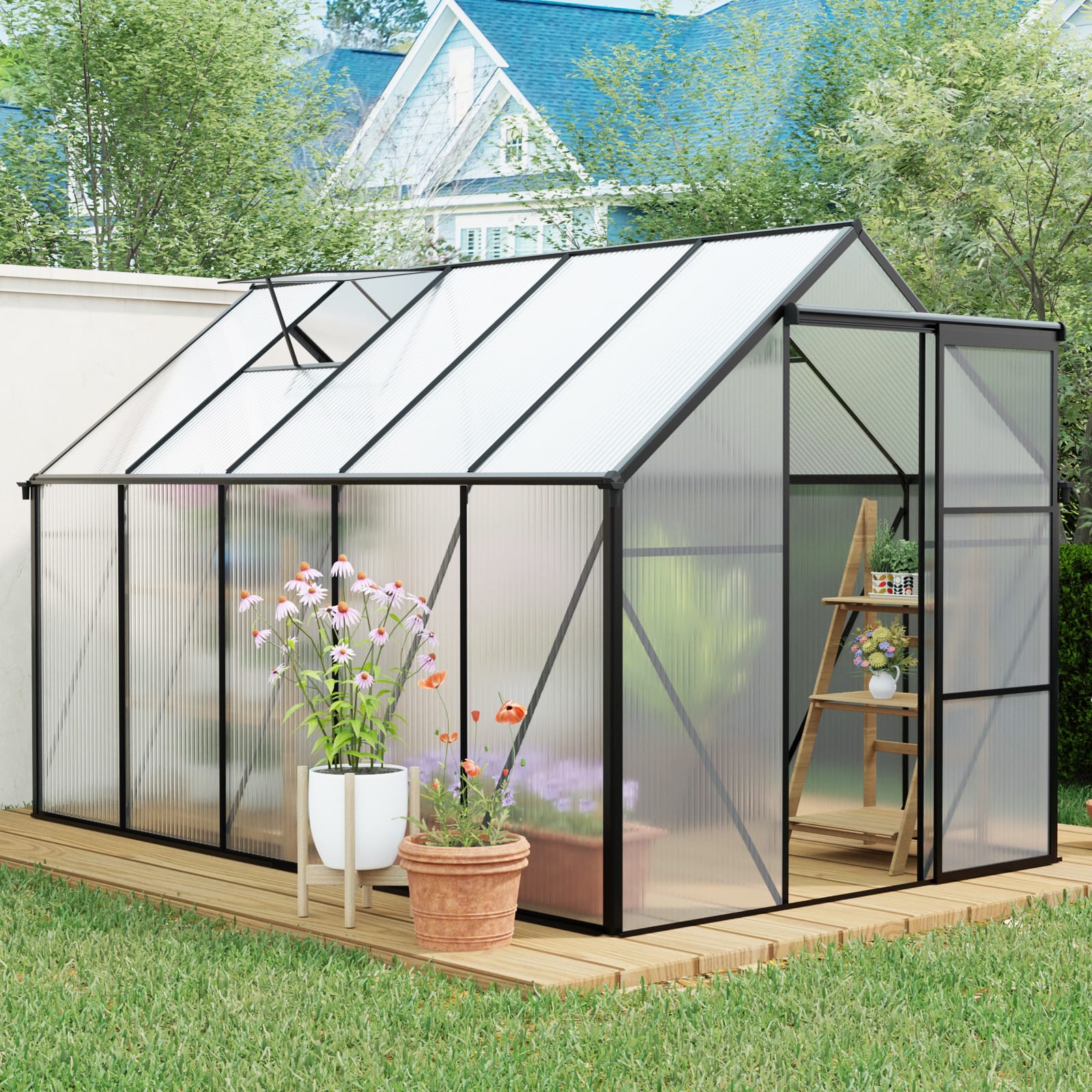 6x10 FT Polycarbonate Greenhouse Raised Base And Anchor Aluminum Heavy Duty Walk-in Greenhouses For Outdoor Backyard In All Season view 5