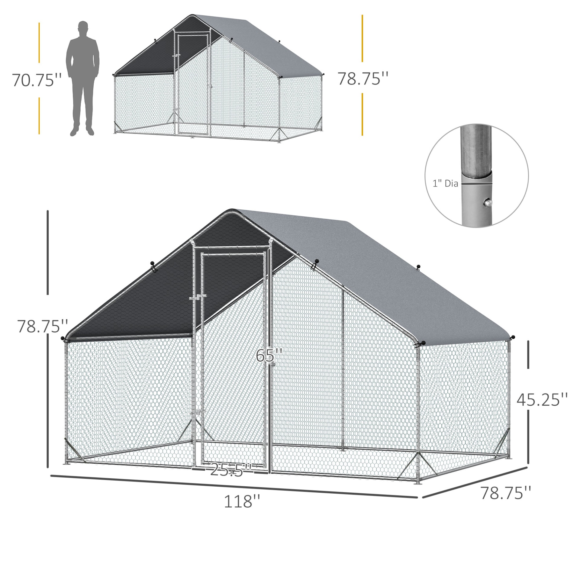 Metal Chicken Coop Run With Cover, Walk-In Outdoor Poultry Pen For Rabbits, Ducks, Large Hen House For Yard, 10' X 6.5' X 6.5', Silver view 2