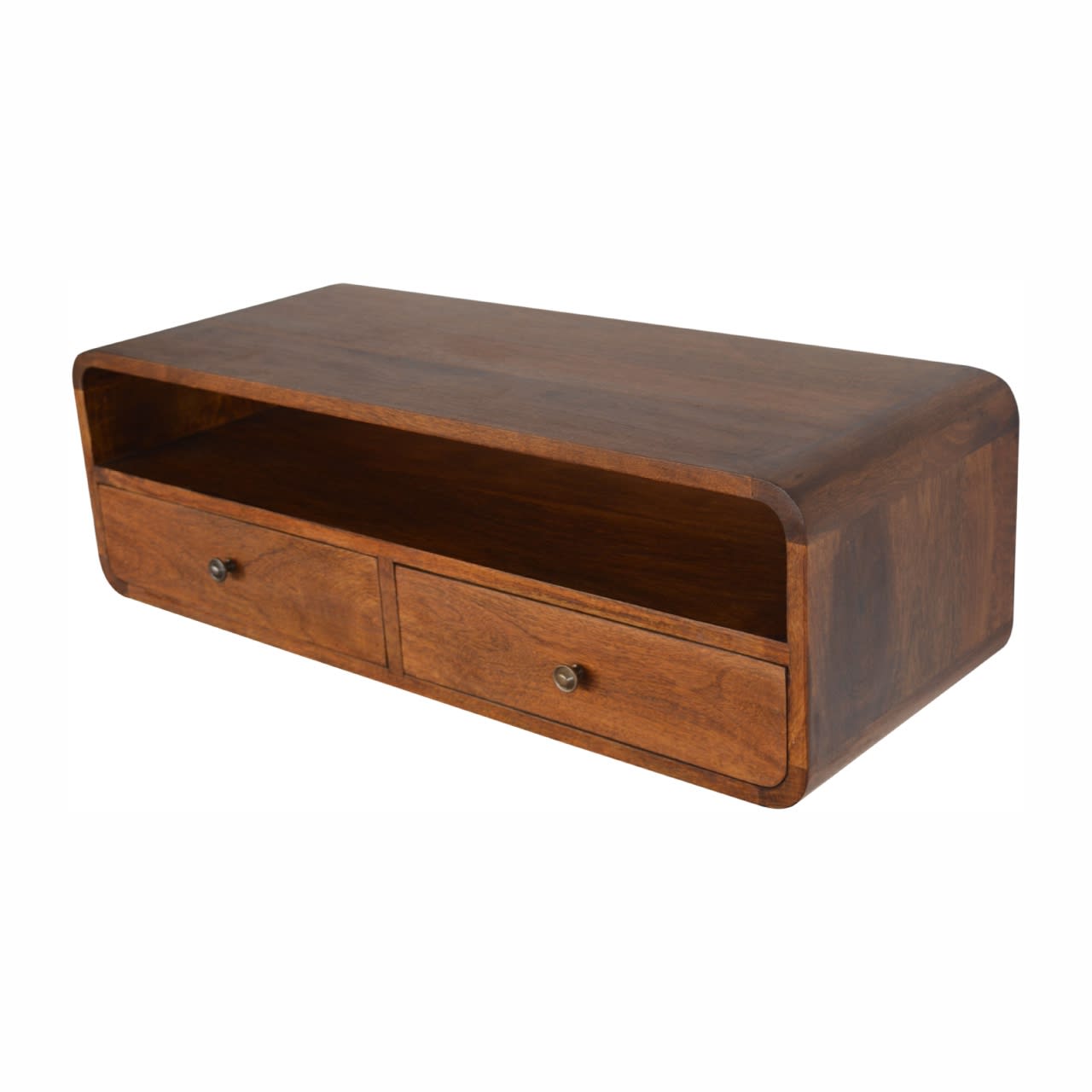 Solid Wood Floating Chestnut Open Console, 2 Drawers, 1 Shelf, Dark Brown view 3