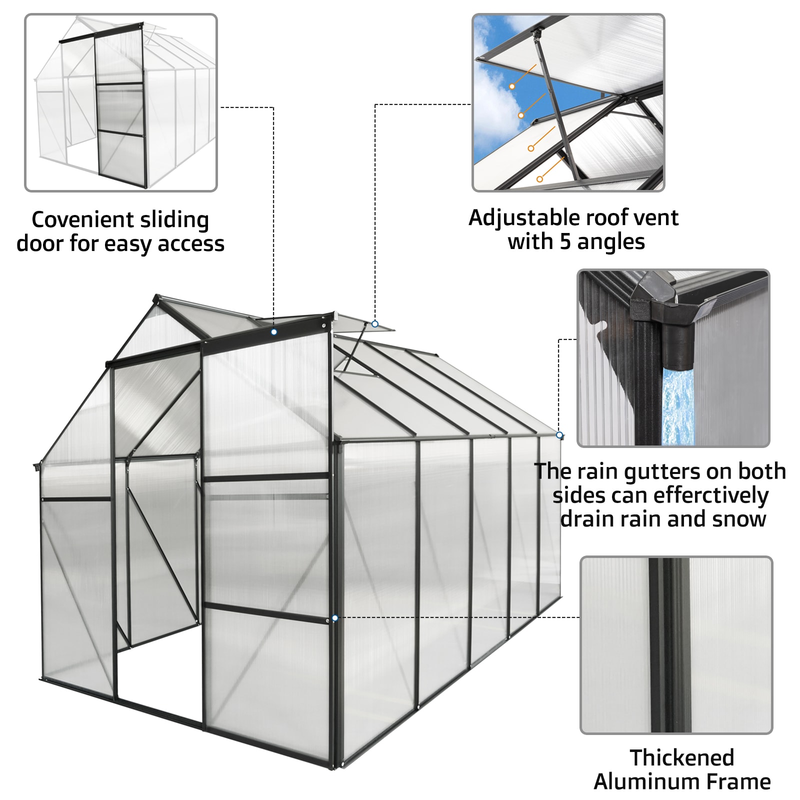 6x10 FT Polycarbonate Greenhouse Raised Base And Anchor Aluminum Heavy Duty Walk-in Greenhouses For Outdoor Backyard In All Season view 3
