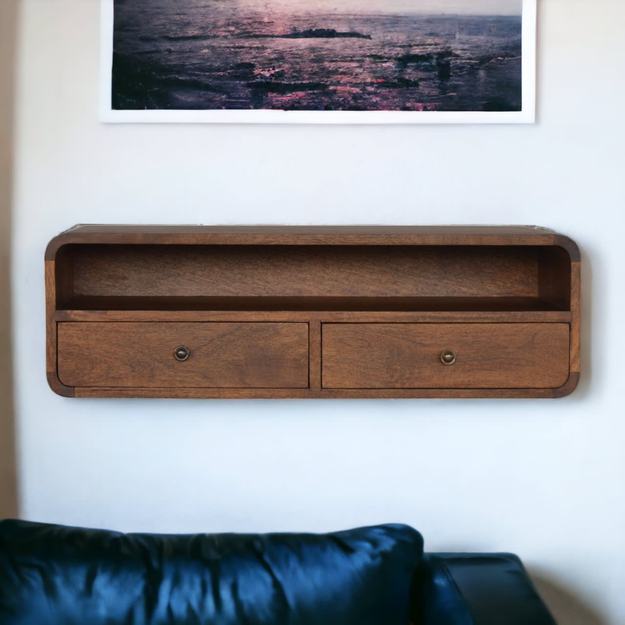 Solid Wood Floating Chestnut Open Console, 2 Drawers, 1 Shelf, Dark Brown