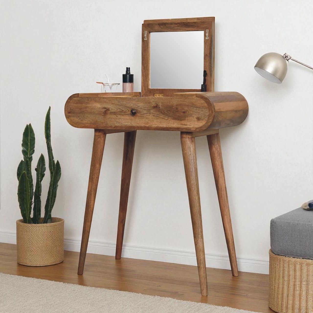 Solid Wood Mini Round Dressing Table, 1 Drawer With Storage Compartments, Nordic Legs, Oak-ish, Brown view 5