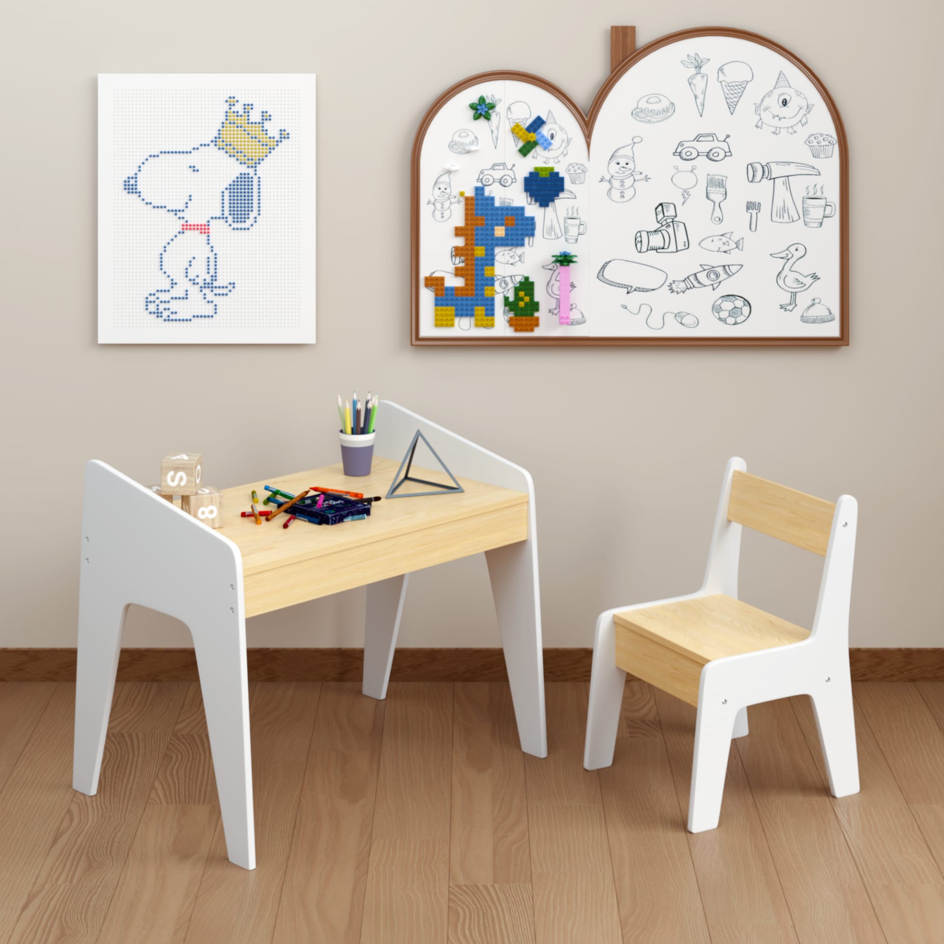 Kids Table Set With One Chair, Wooden Children Study Table, 2-8  Age Kids Funiture , White Natural view 2