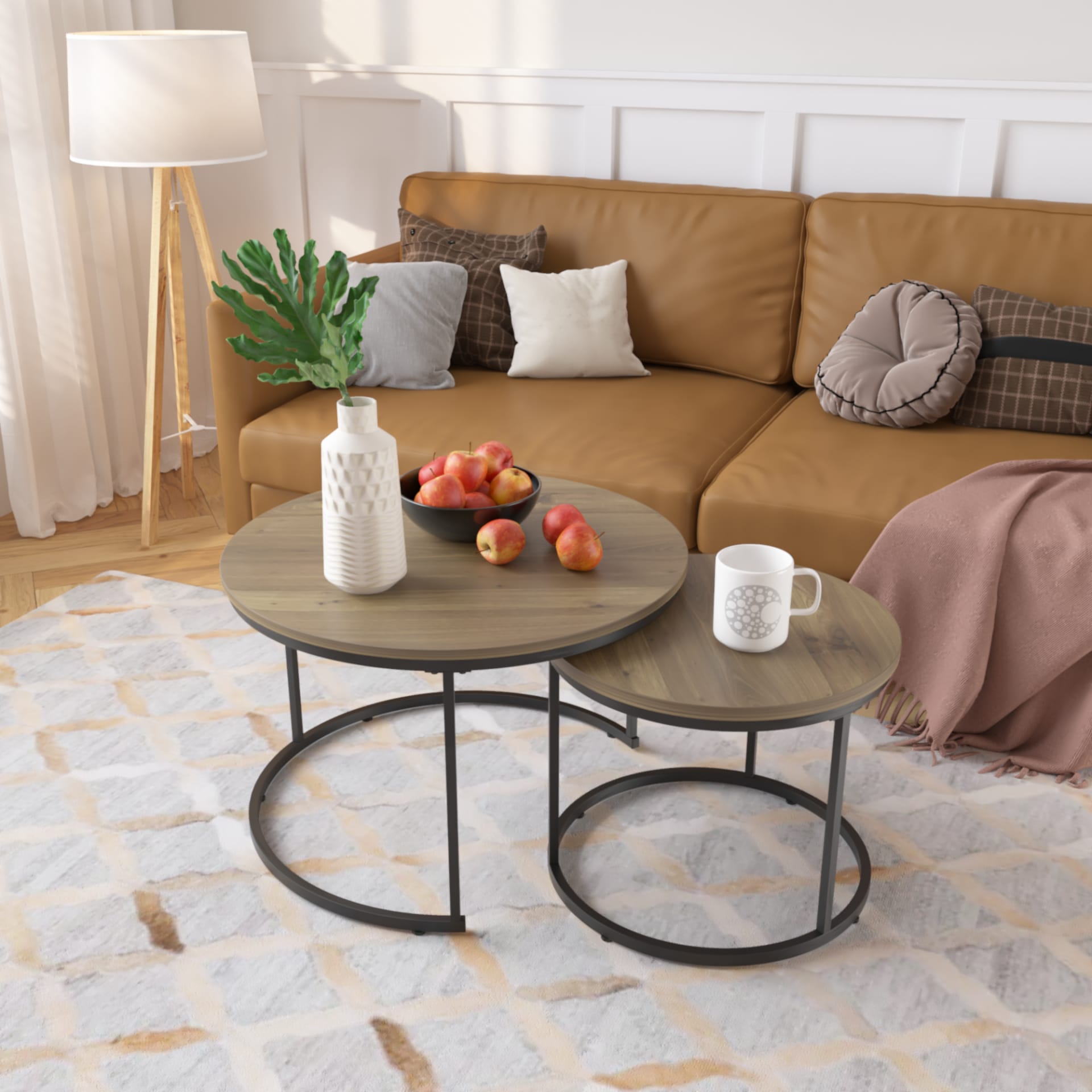 Nesting Coffee Table Set Of 2, 27.6inch Round Coffee Table Industrial Wood Finish With Sturdy Metal Frame, End Table Side Tables For Living Room Bedroom Balcony Yard Brown