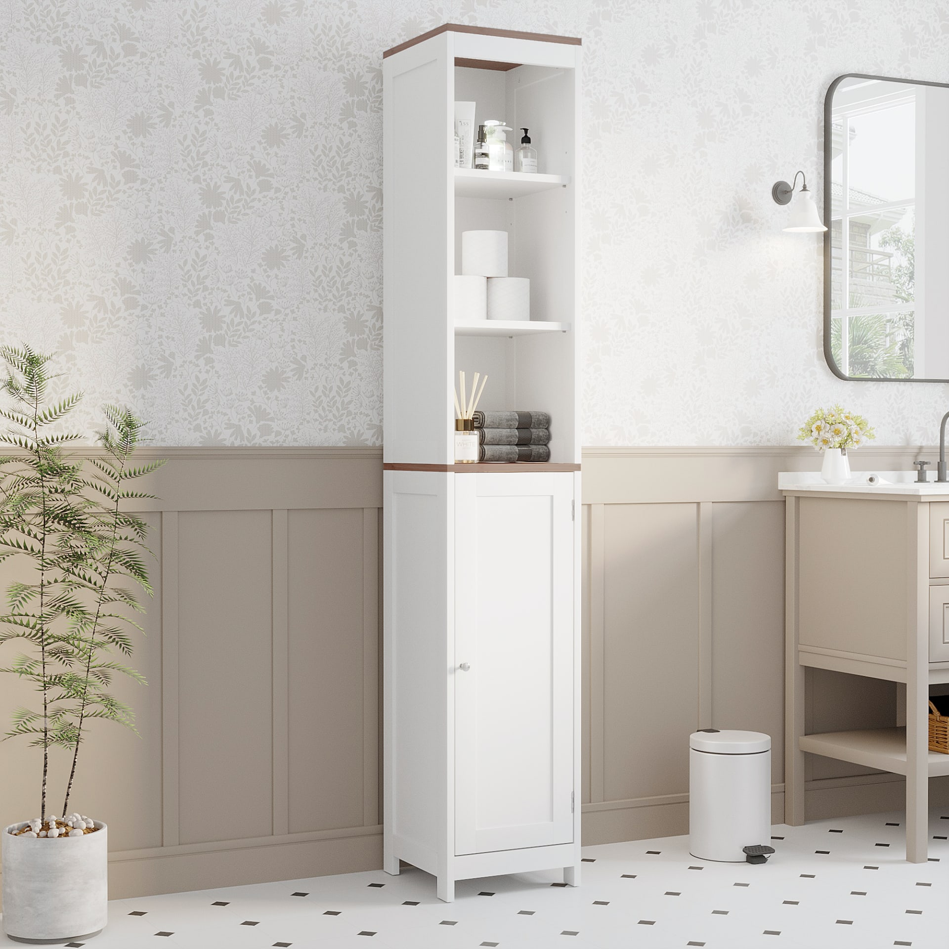 Tall Bathroom Storage Cabinet With Reversible Door, Freestanding Linen Tower With Open Shelves And Enclosed Cabinet, Narrow Floor Cabinet Organizer For Bathroom, Laundry Room Or Small Spaces White view 5