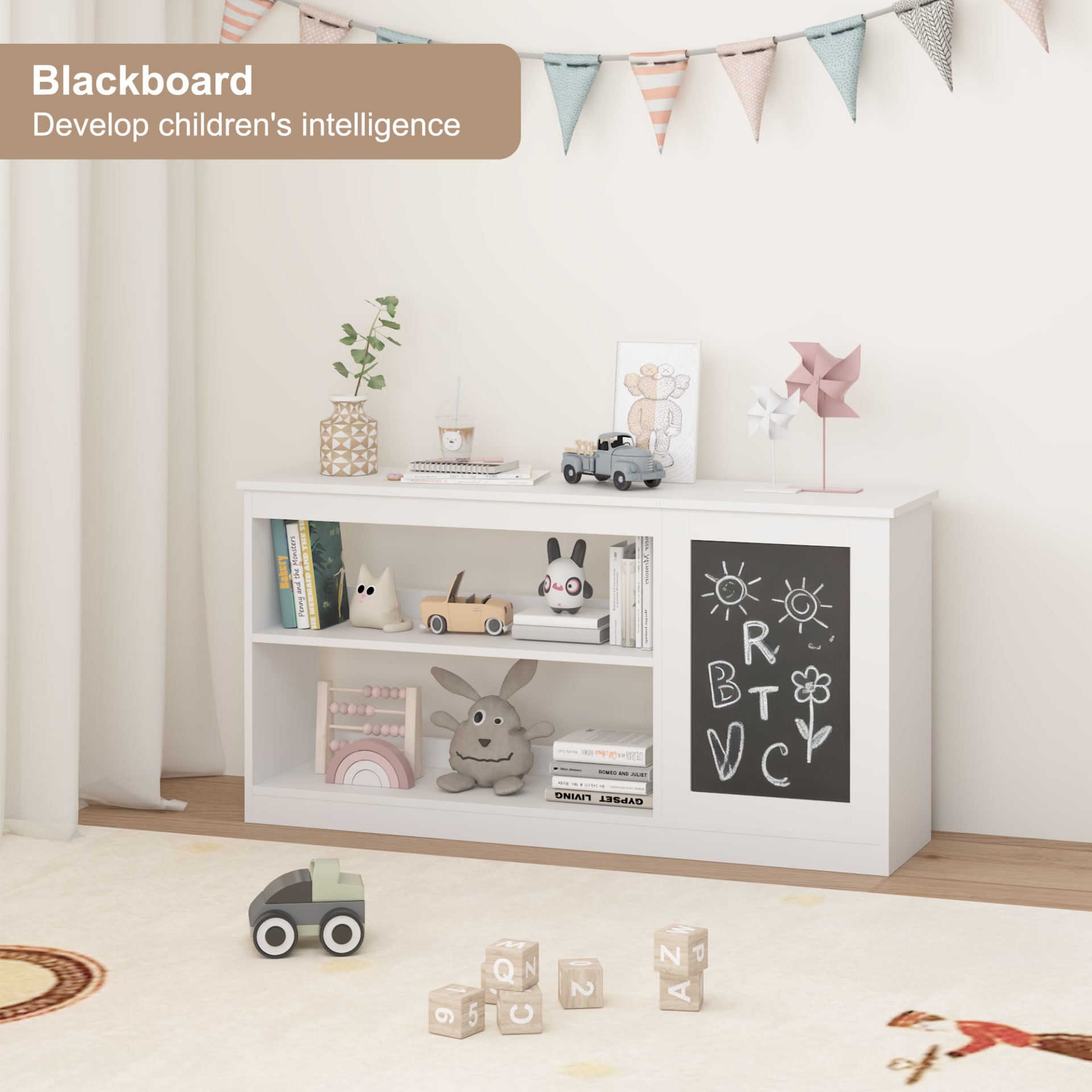 3-in-1 Kids Bookshelf And Toy Storage Cabinet With Chalkboard  Modern White Organizer For Playroom view 5