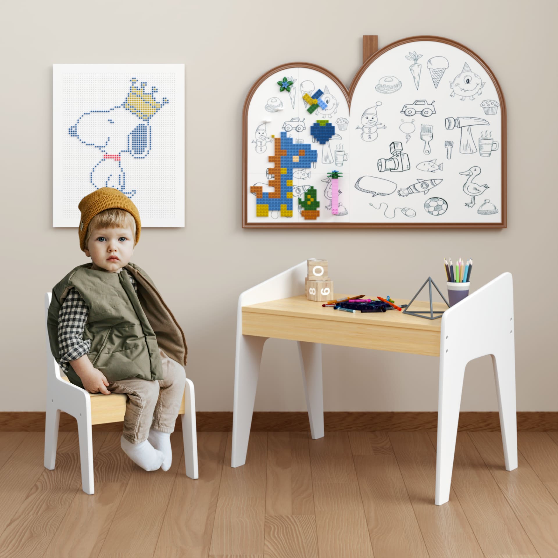 Kids Table Set With One Chair, Wooden Children Study Table, 2-8  Age Kids Funiture , White Natural view 3