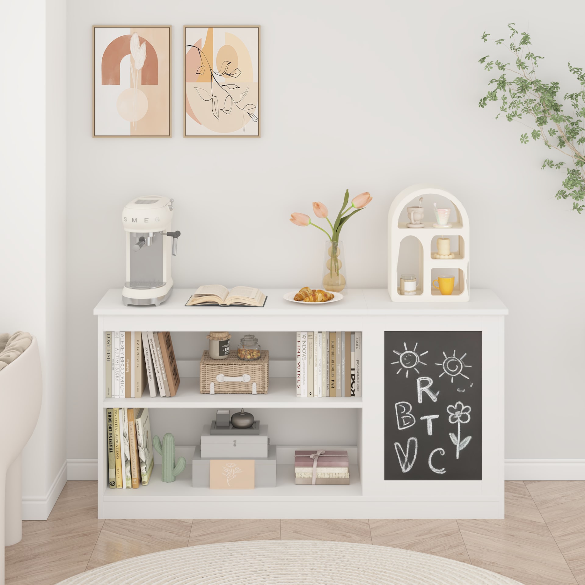 3-in-1 Kids Bookshelf And Toy Storage Cabinet With Chalkboard  Modern White Organizer For Playroom view 2