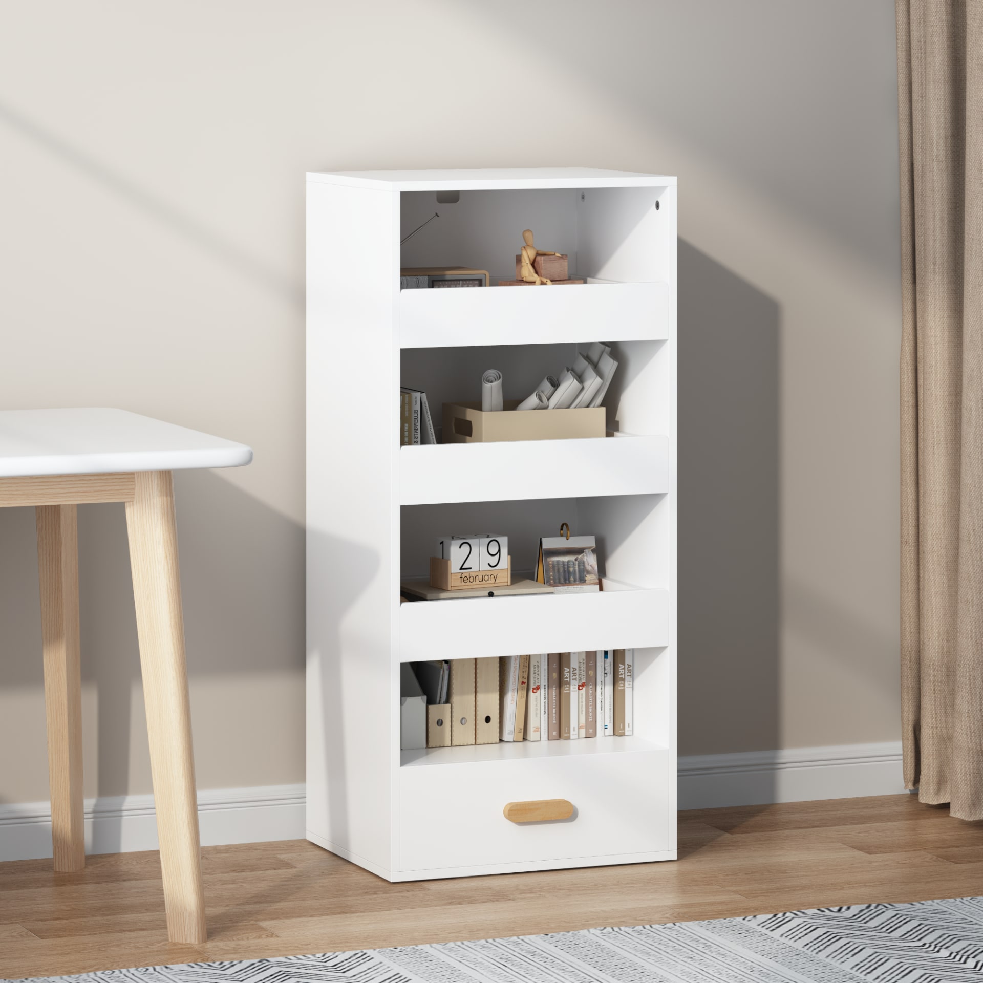 4-Tier Freestanding Bookshelf With 3 Sliding Drawers And 1 Bottom Drawer view 5