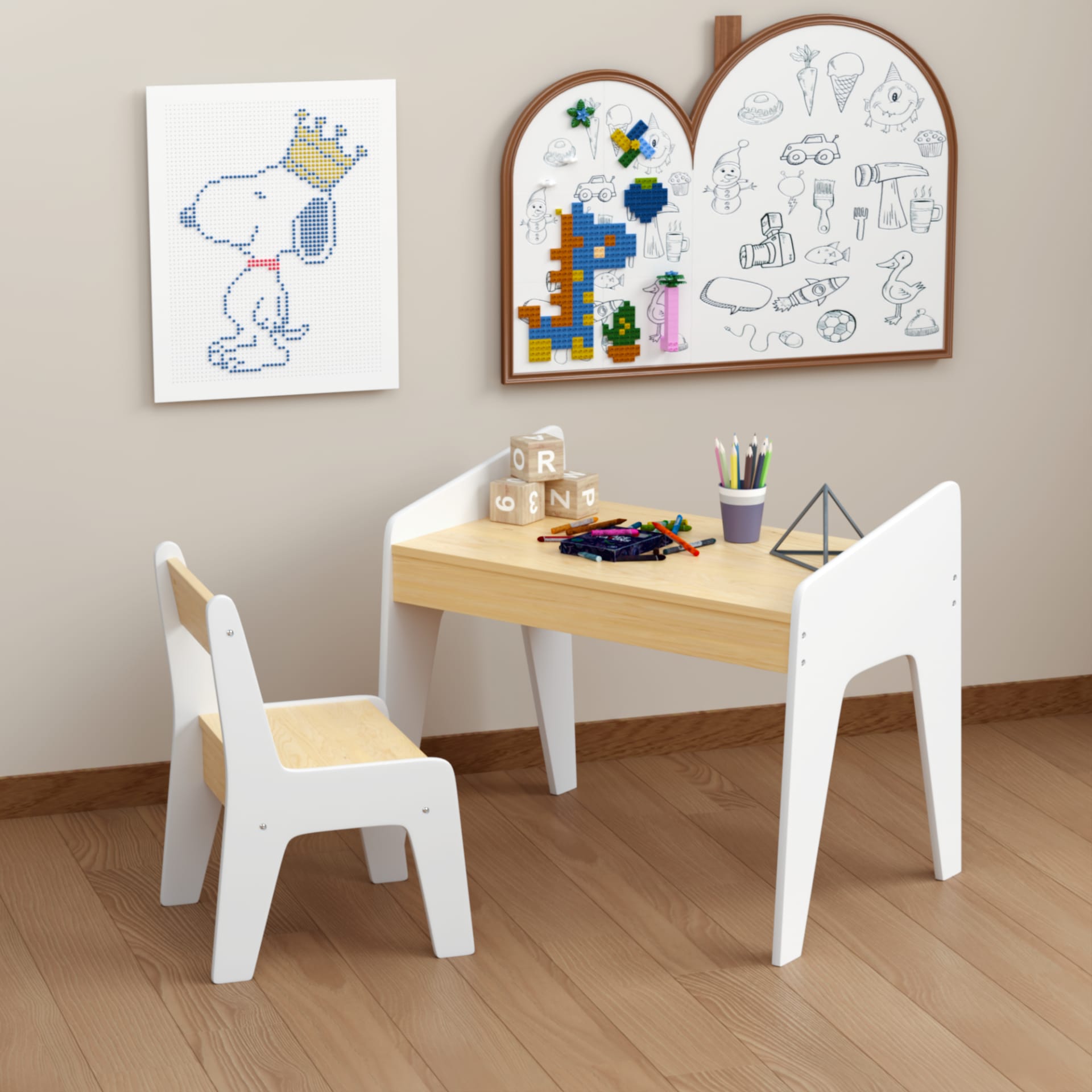 Kids Table Set With One Chair, Wooden Children Study Table, 2-8  Age Kids Funiture , White Natural view 4