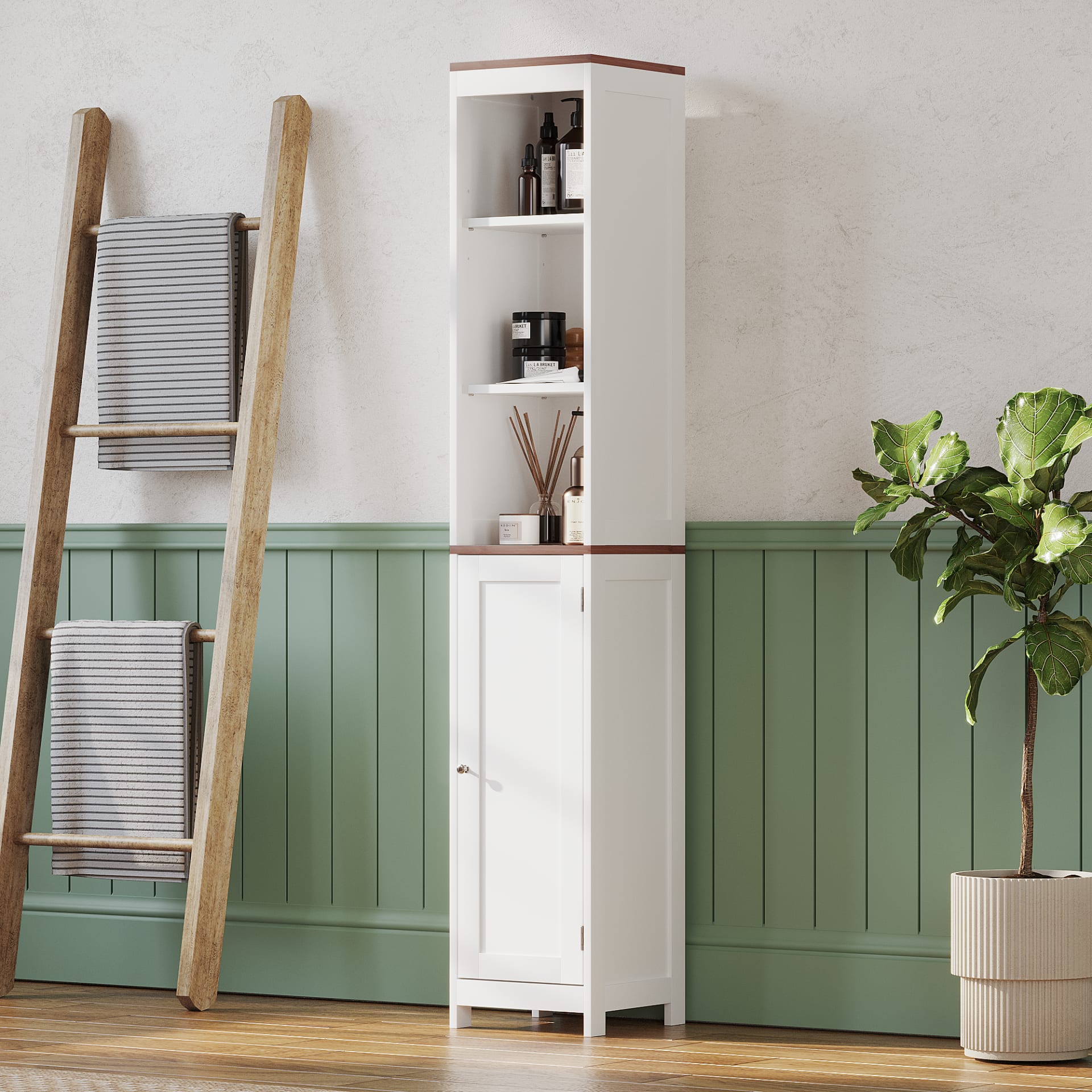 Tall Bathroom Storage Cabinet With Reversible Door, Freestanding Linen Tower With Open Shelves And Enclosed Cabinet, Narrow Floor Cabinet Organizer For Bathroom, Laundry Room Or Small Spaces White view 2