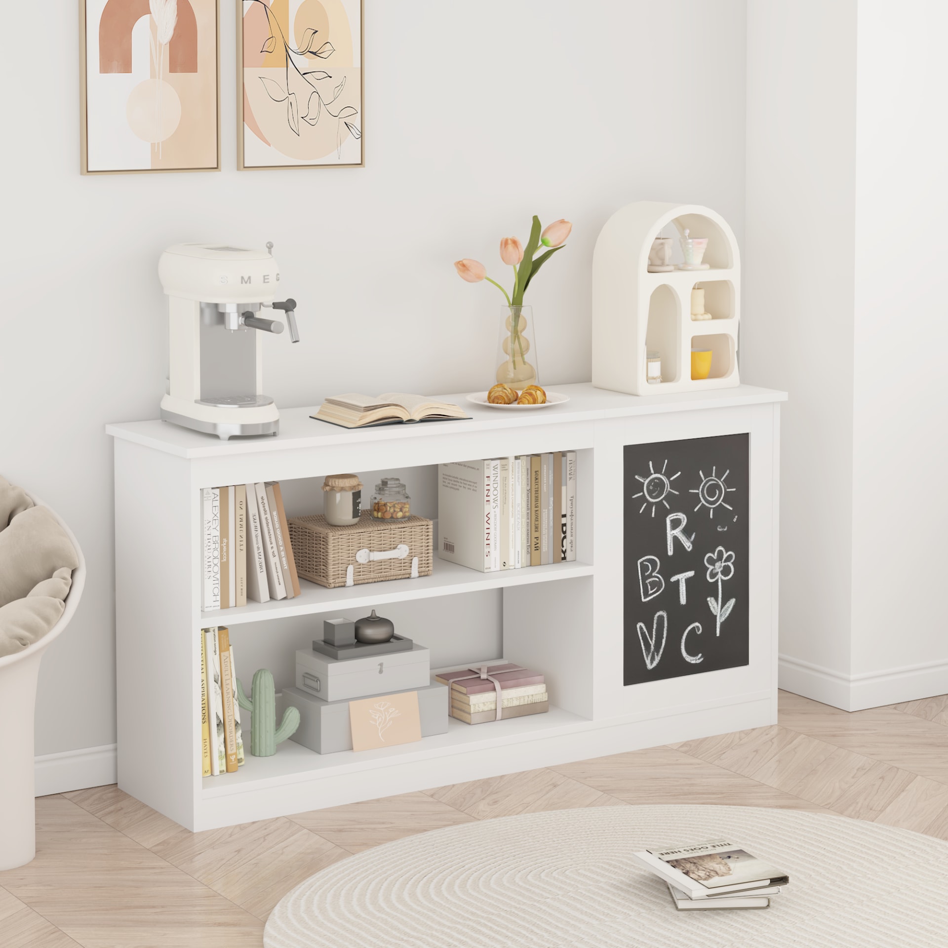 3-in-1 Kids Bookshelf And Toy Storage Cabinet With Chalkboard  Modern White Organizer For Playroom view 4