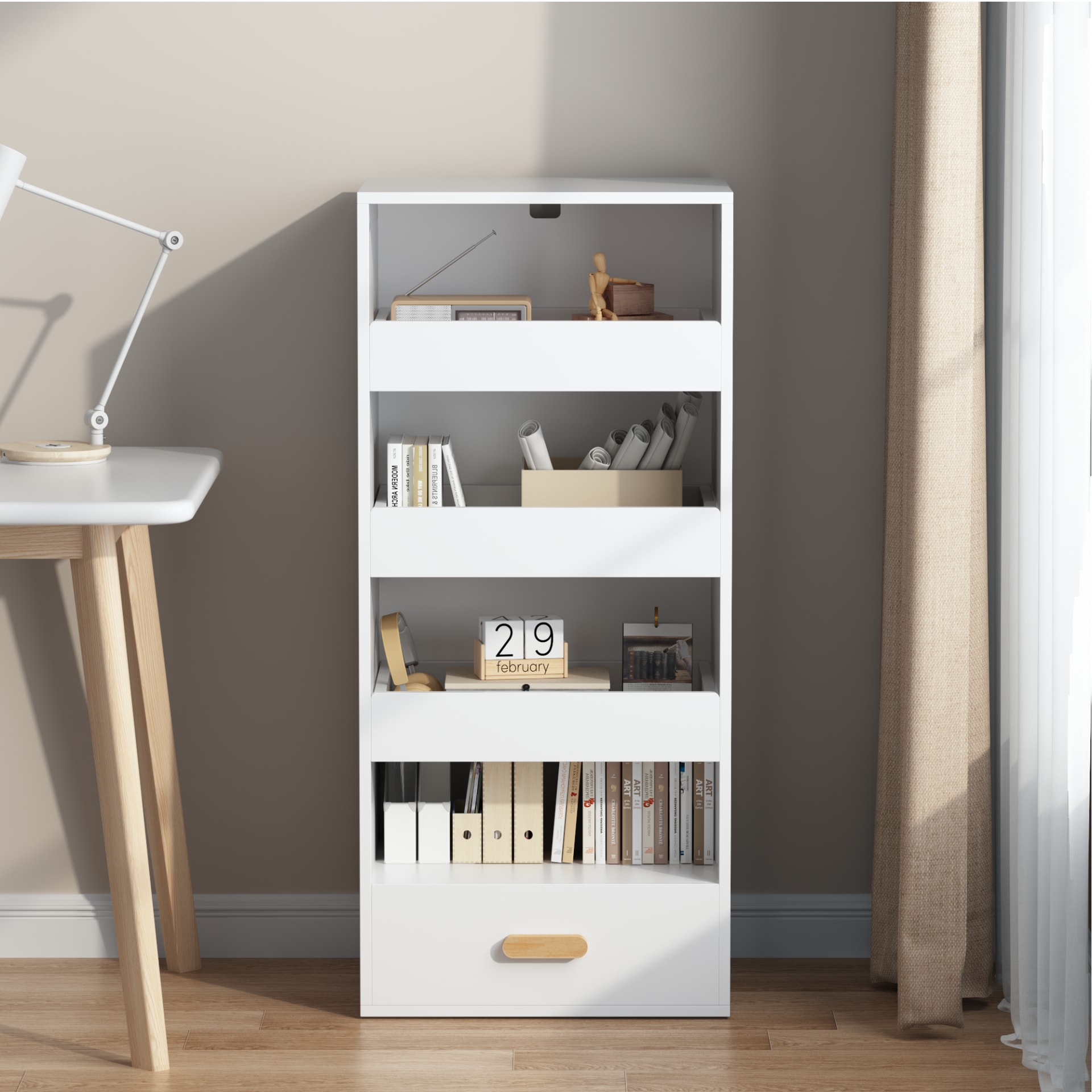 4-Tier Freestanding Bookshelf With 3 Sliding Drawers And 1 Bottom Drawer view 4