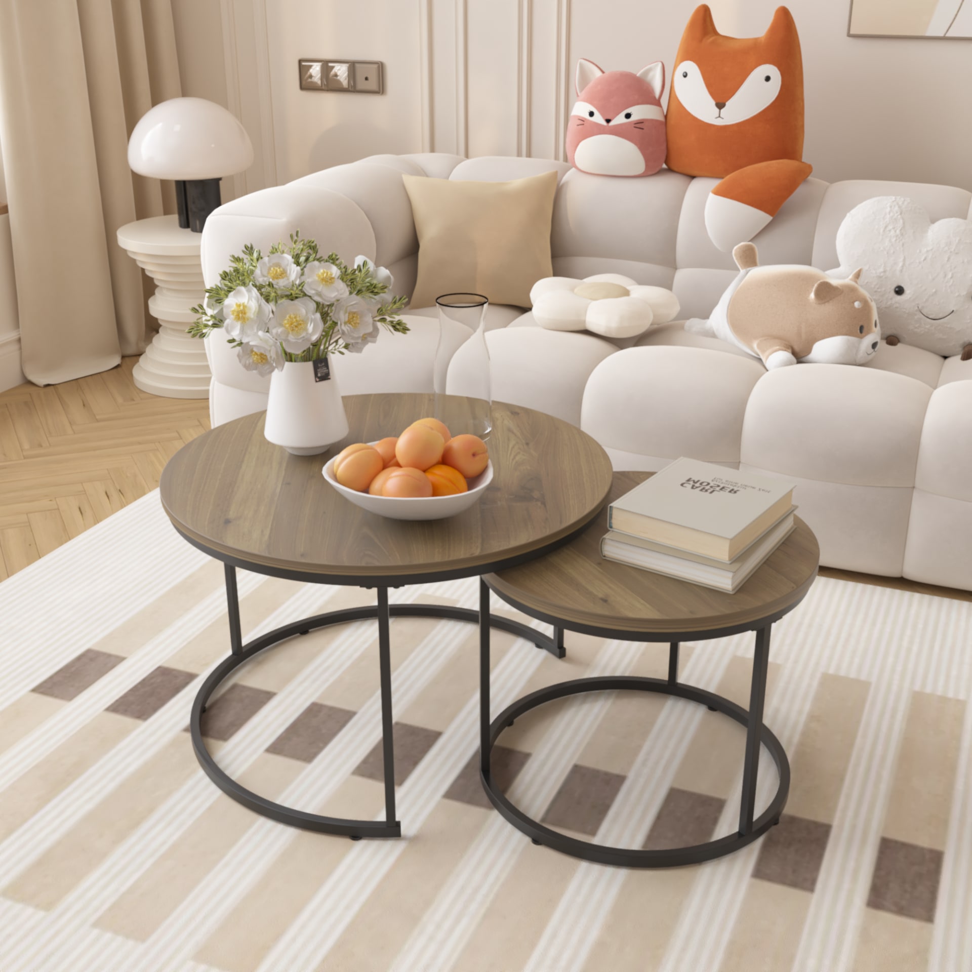 Nesting Coffee Table Set Of 2, 27.6inch Round Coffee Table Industrial Wood Finish With Sturdy Metal Frame, End Table Side Tables For Living Room Bedroom Balcony Yard Brown view 4