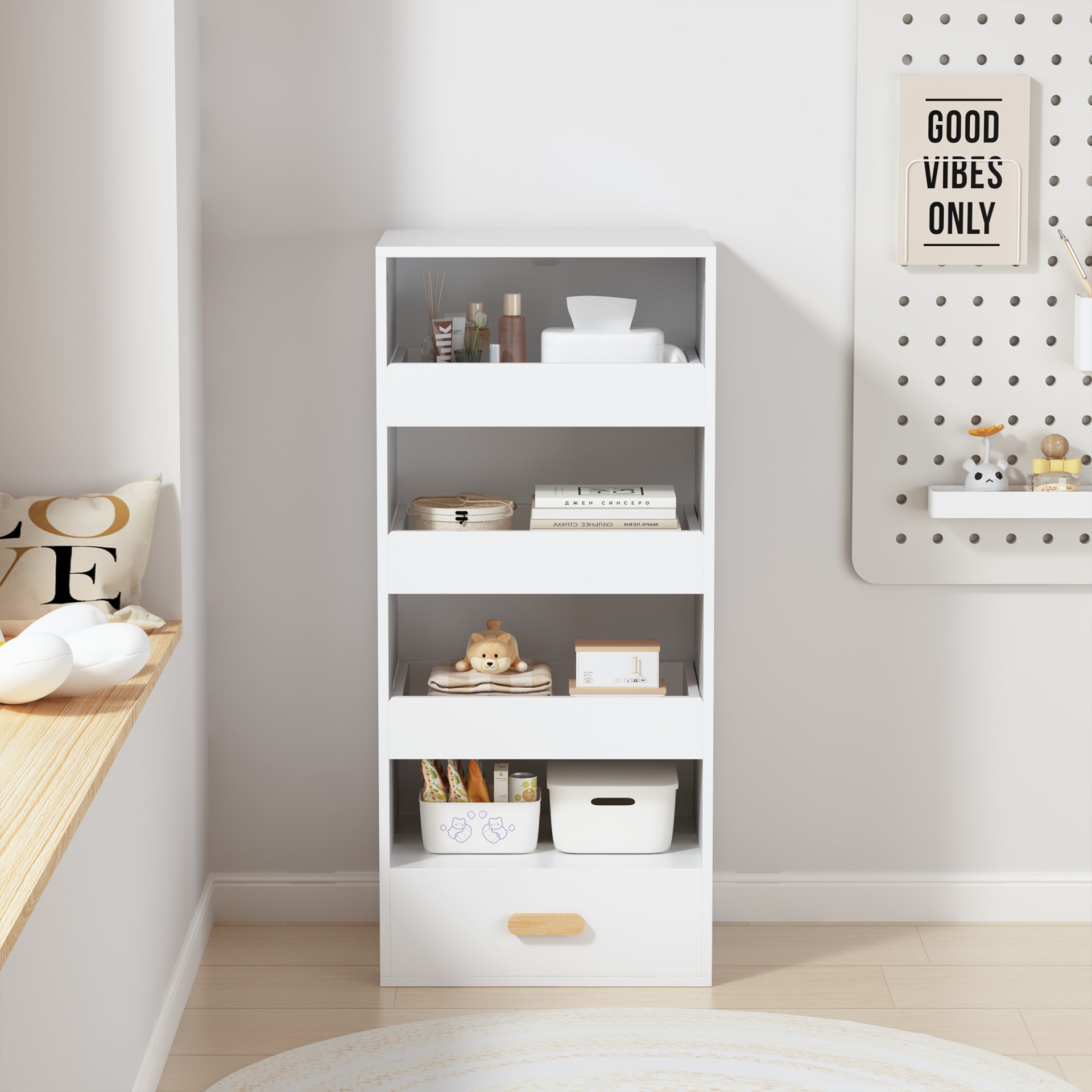 4-Tier Freestanding Bookshelf With 3 Sliding Drawers And 1 Bottom Drawer view 2