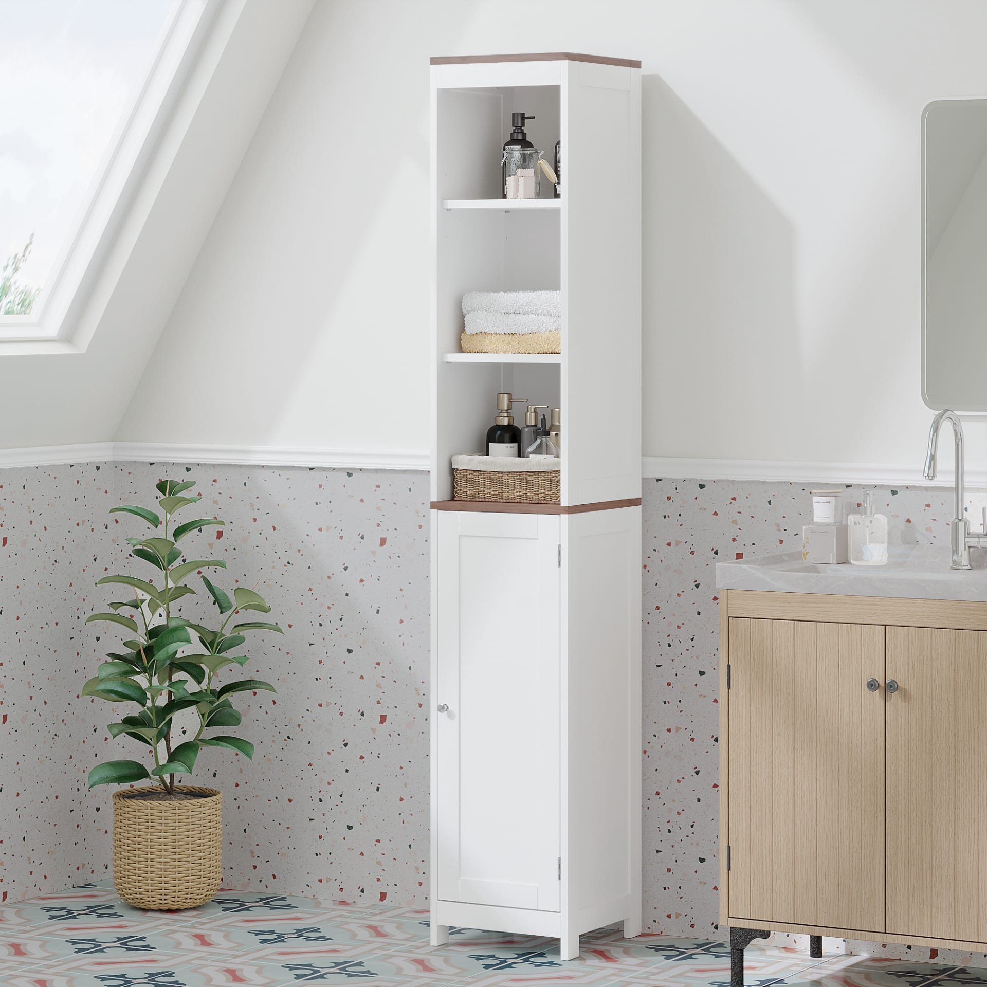 Tall Bathroom Storage Cabinet With Reversible Door, Freestanding Linen Tower With Open Shelves And Enclosed Cabinet, Narrow Floor Cabinet Organizer For Bathroom, Laundry Room Or Small Spaces White view 1